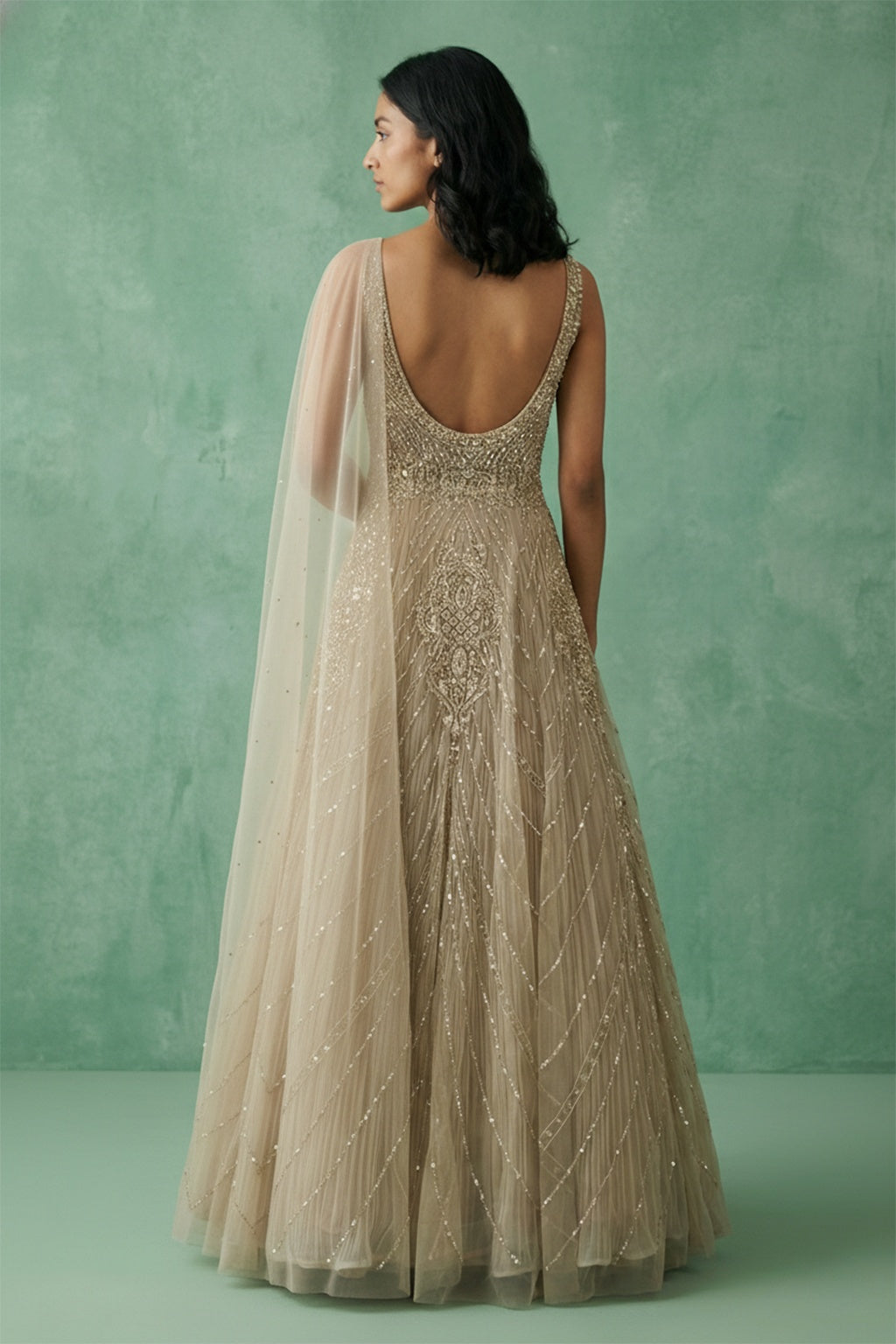 Champagne Beaded Gown with Sheer Drape - Mokshaa