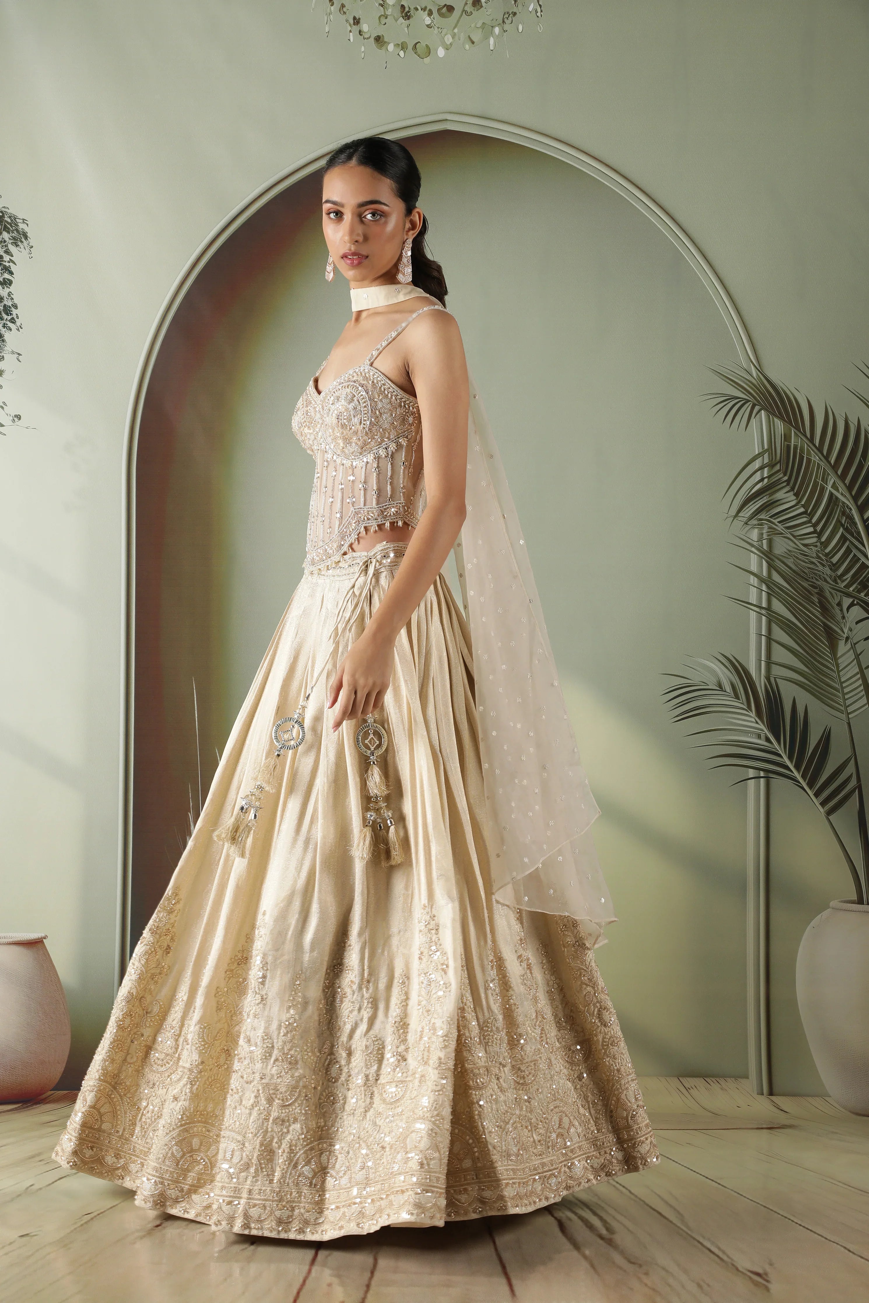 Champagne Gold Silk Lehenga with Corset blouse - Mokshaa