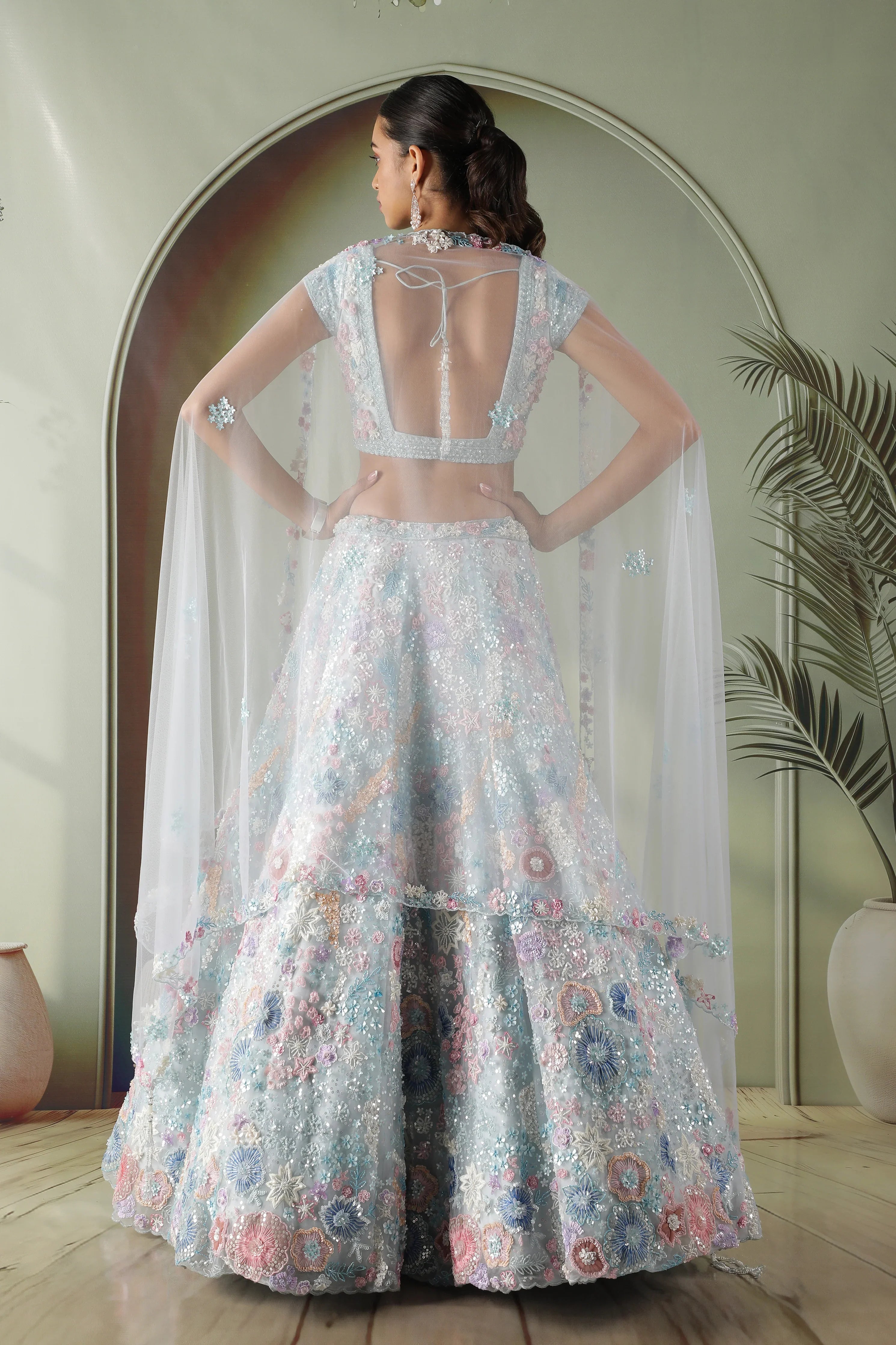 Powder Blue Multicolor Embroidered Net Lehenga Set - Mokshaa