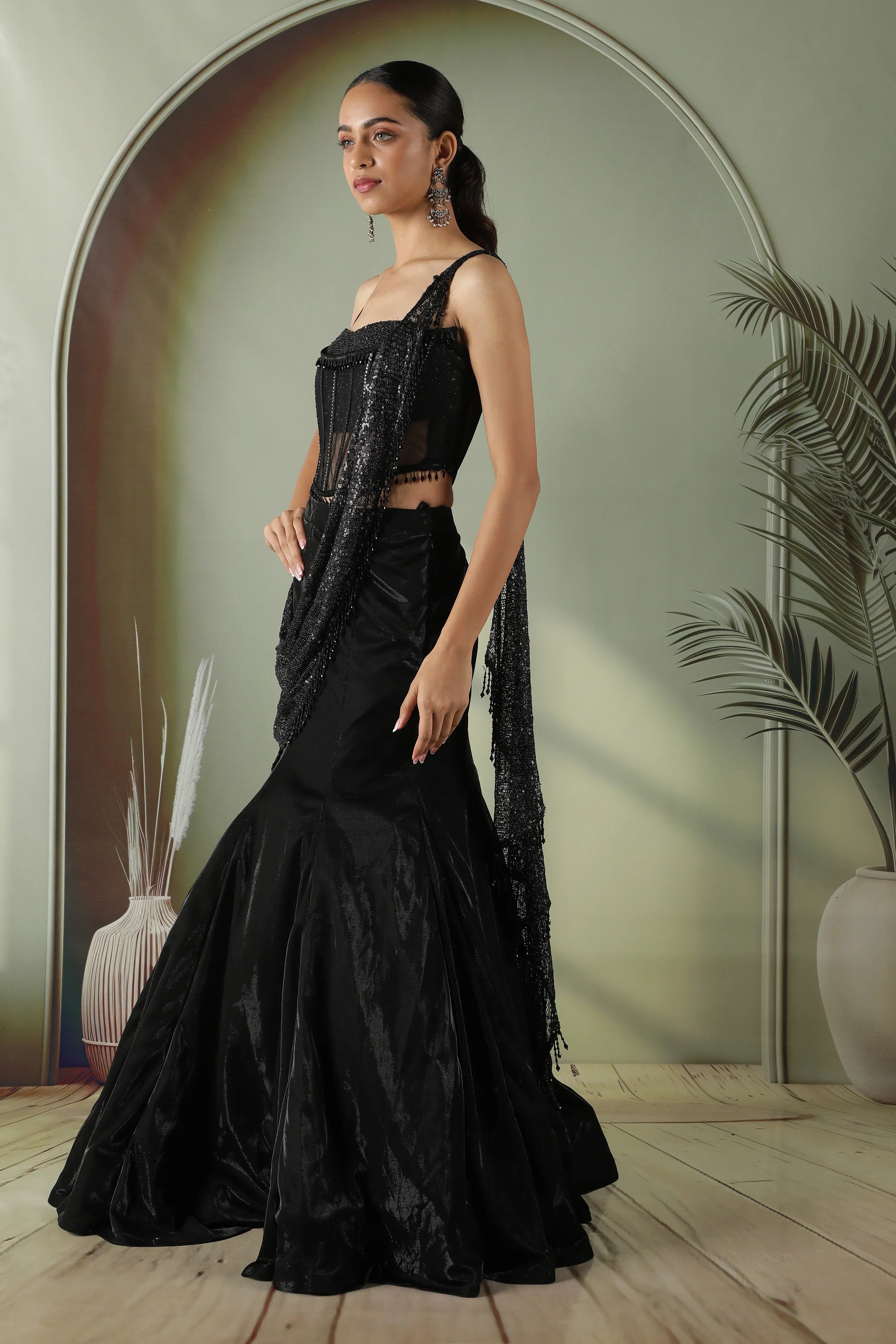 Black Net Corset Blouse with Fish Cut Lehenga - Mokshaa