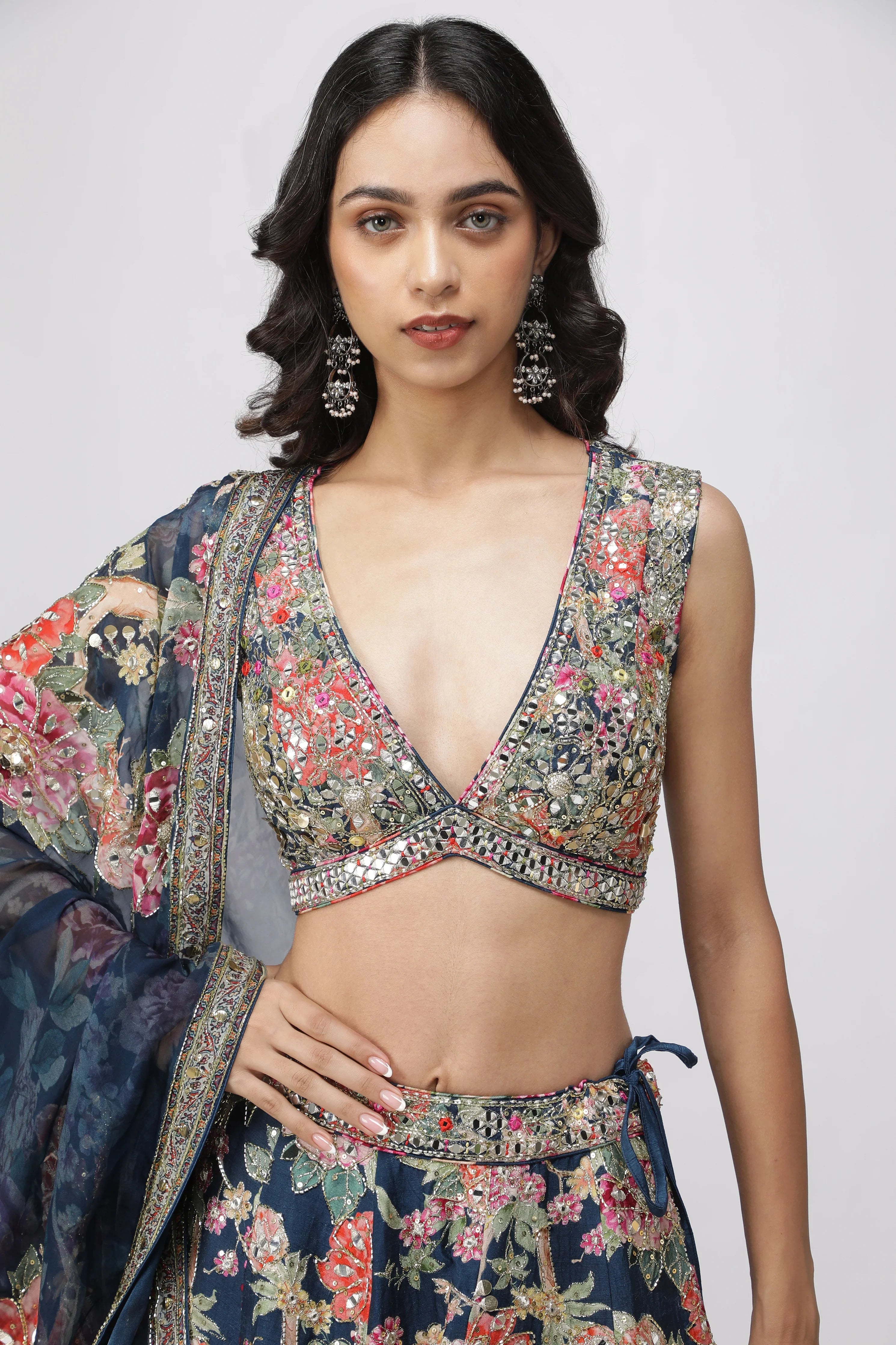 Navy Blue Silk Printed Lehenga Set - Mokshaa