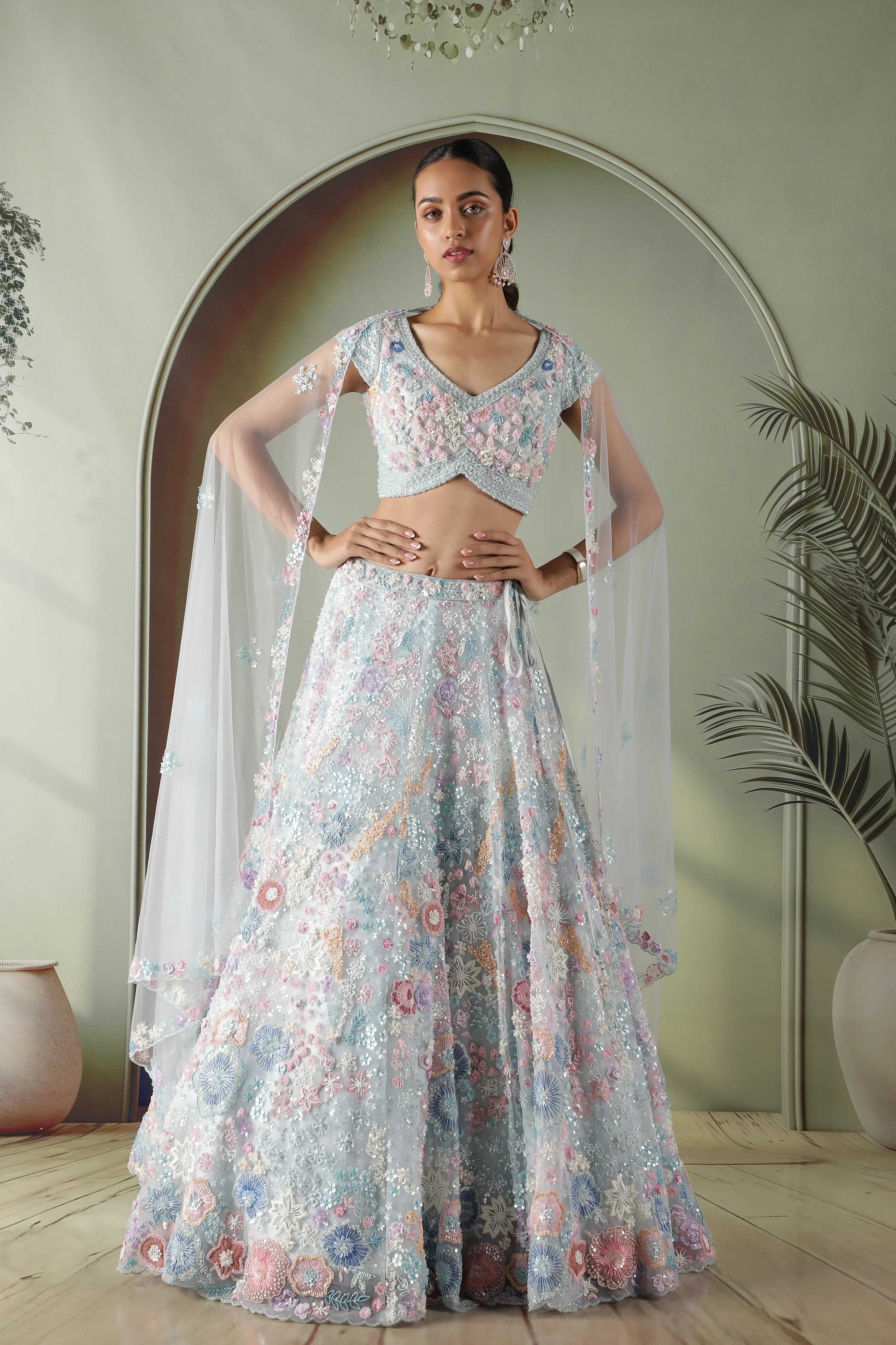 Powder Blue Multicolor Embroidered Net Lehenga Set - Mokshaa