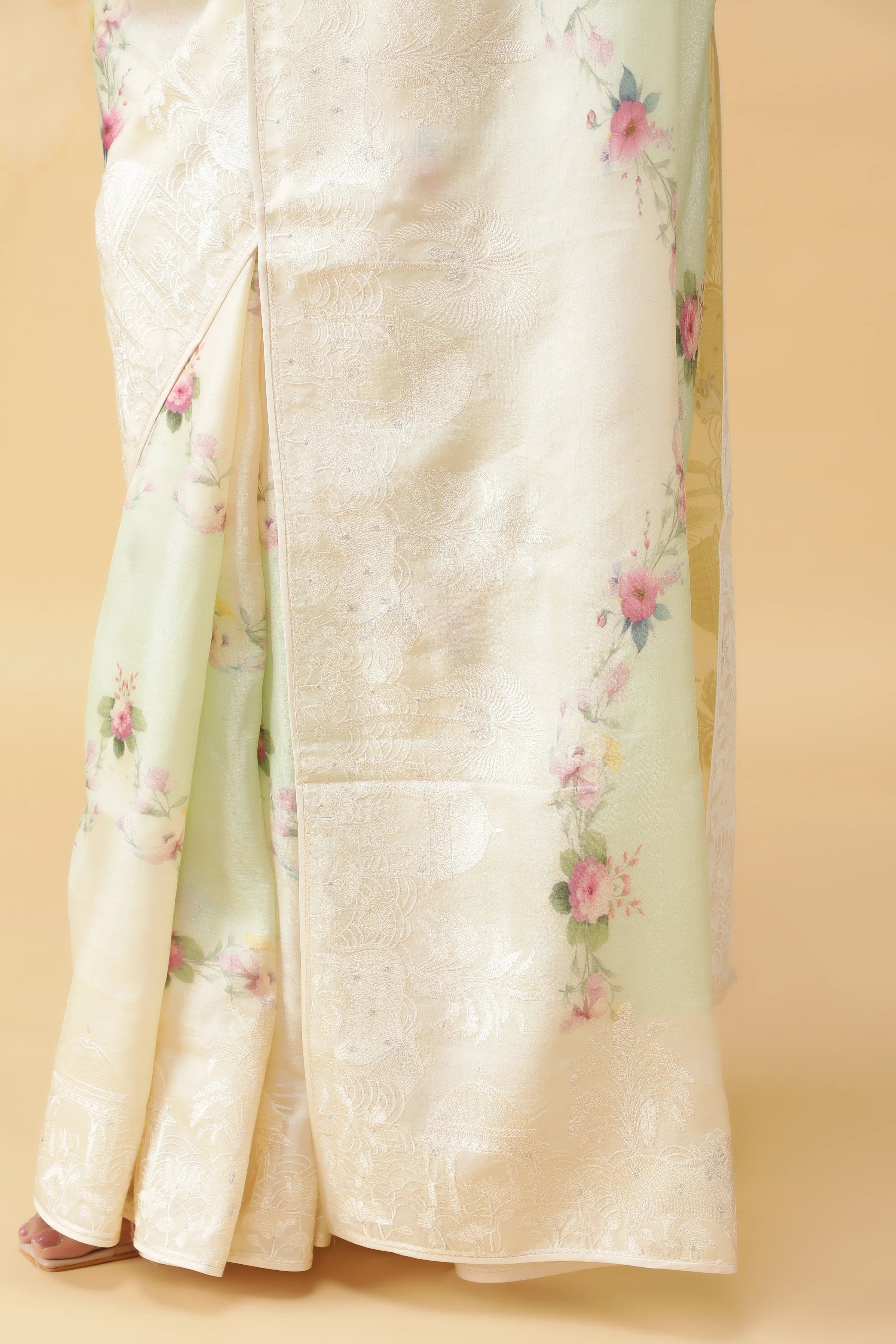 Light Green Tussar Silk Saree with Floral Print - Mokshaa