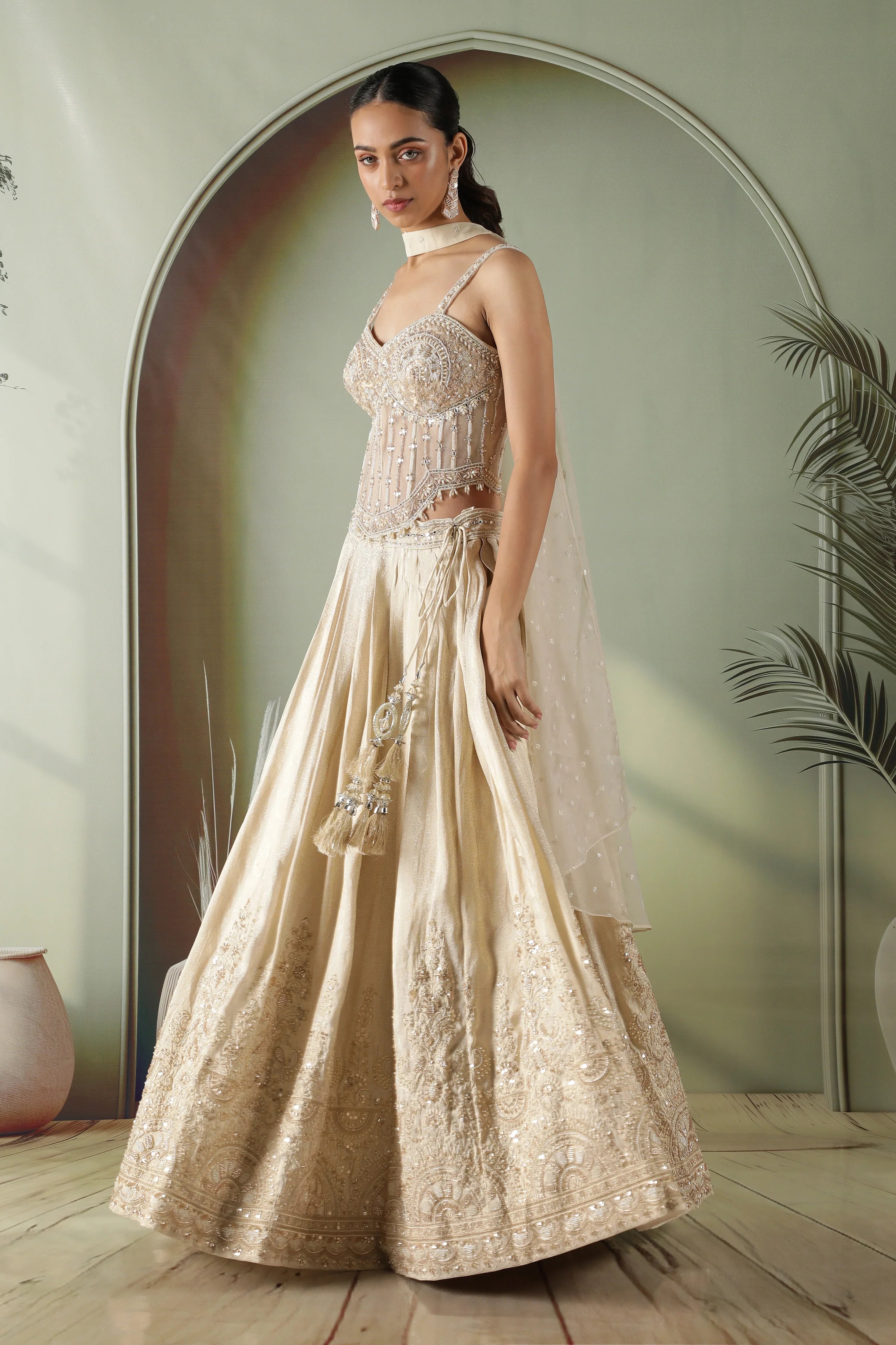 Champagne Gold Silk Lehenga with Corset blouse - Mokshaa