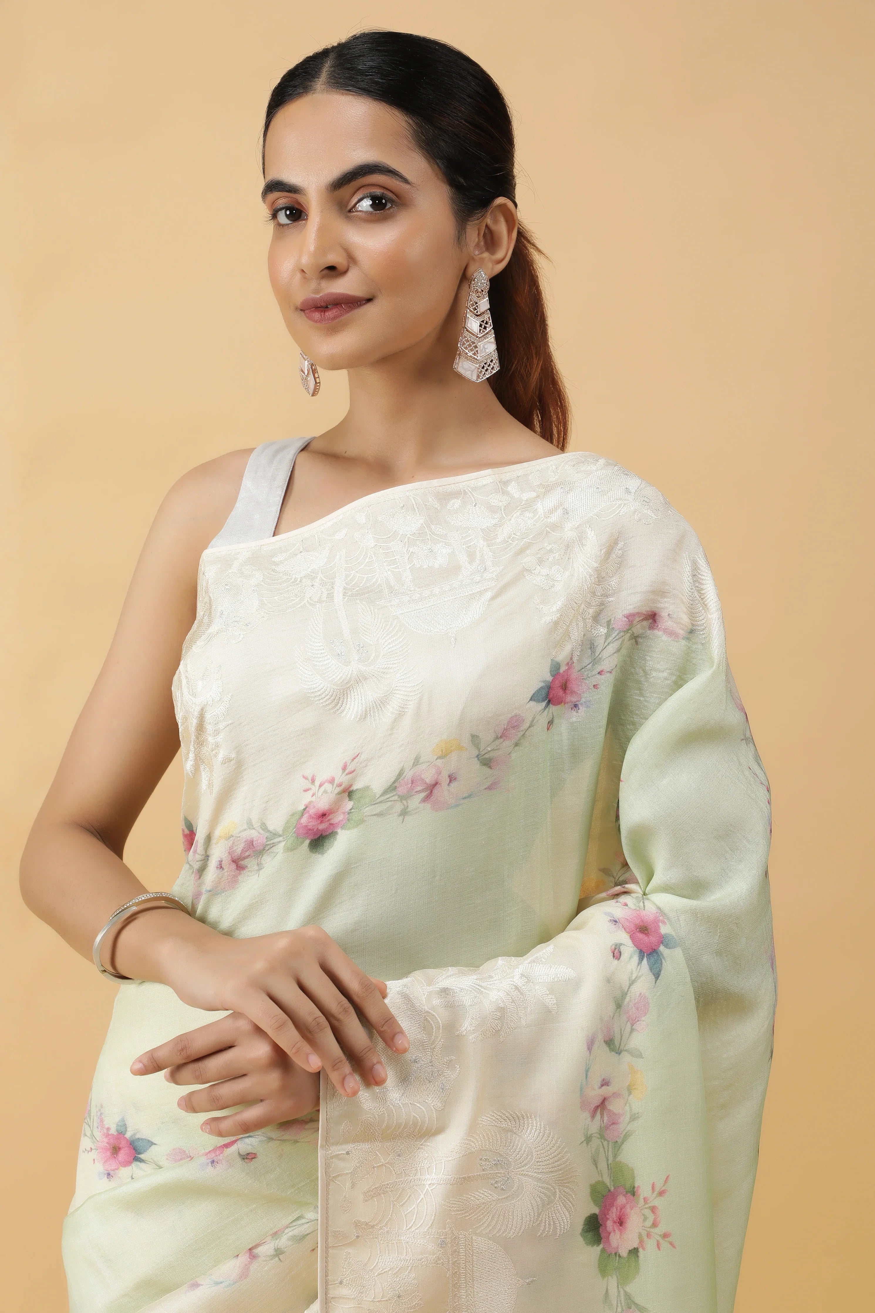 Light Green Tussar Silk Saree with Floral Print - Mokshaa