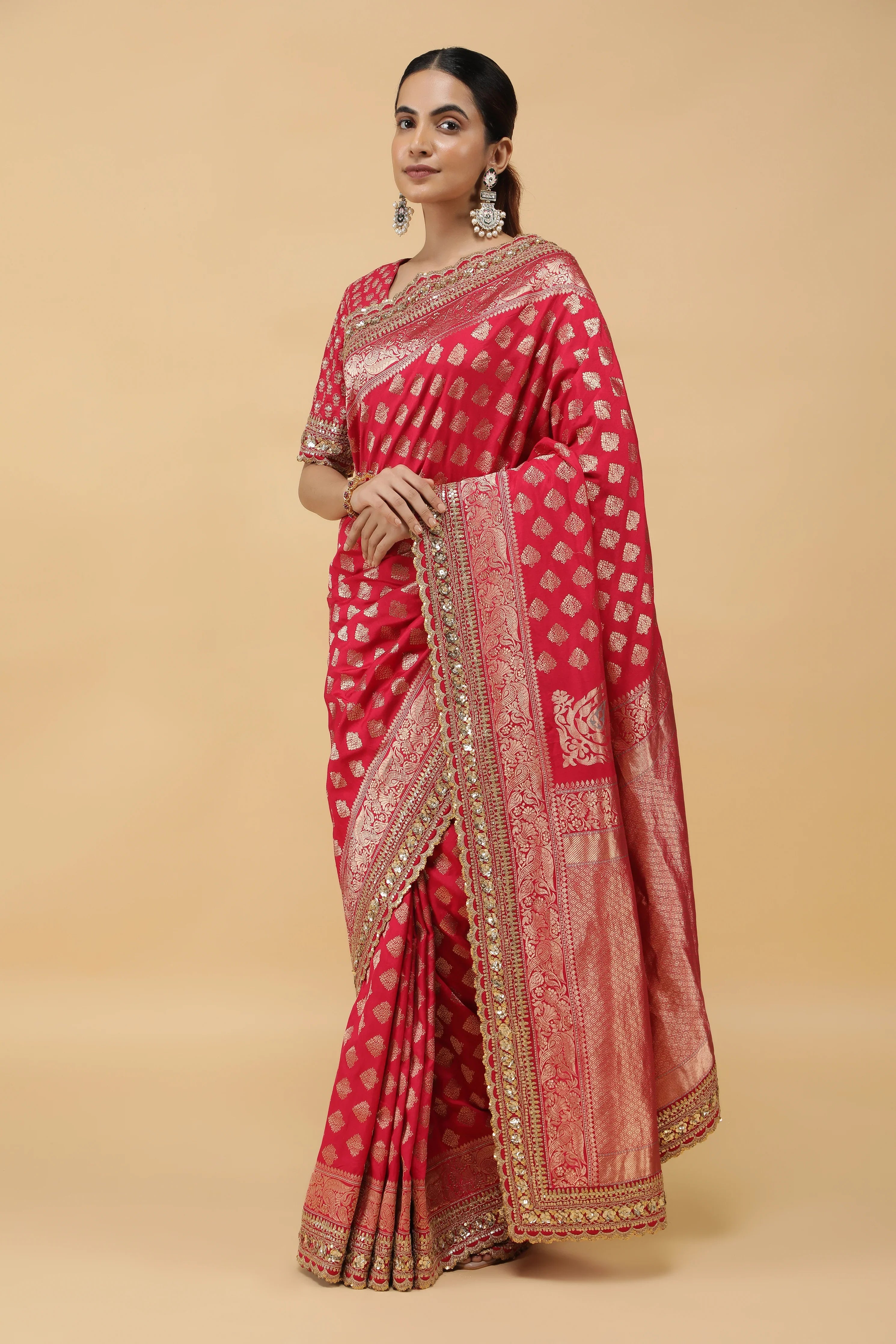 Pinkish Red Banaras Silk Saree with Gold Sequin Zari Border - Mokshaa