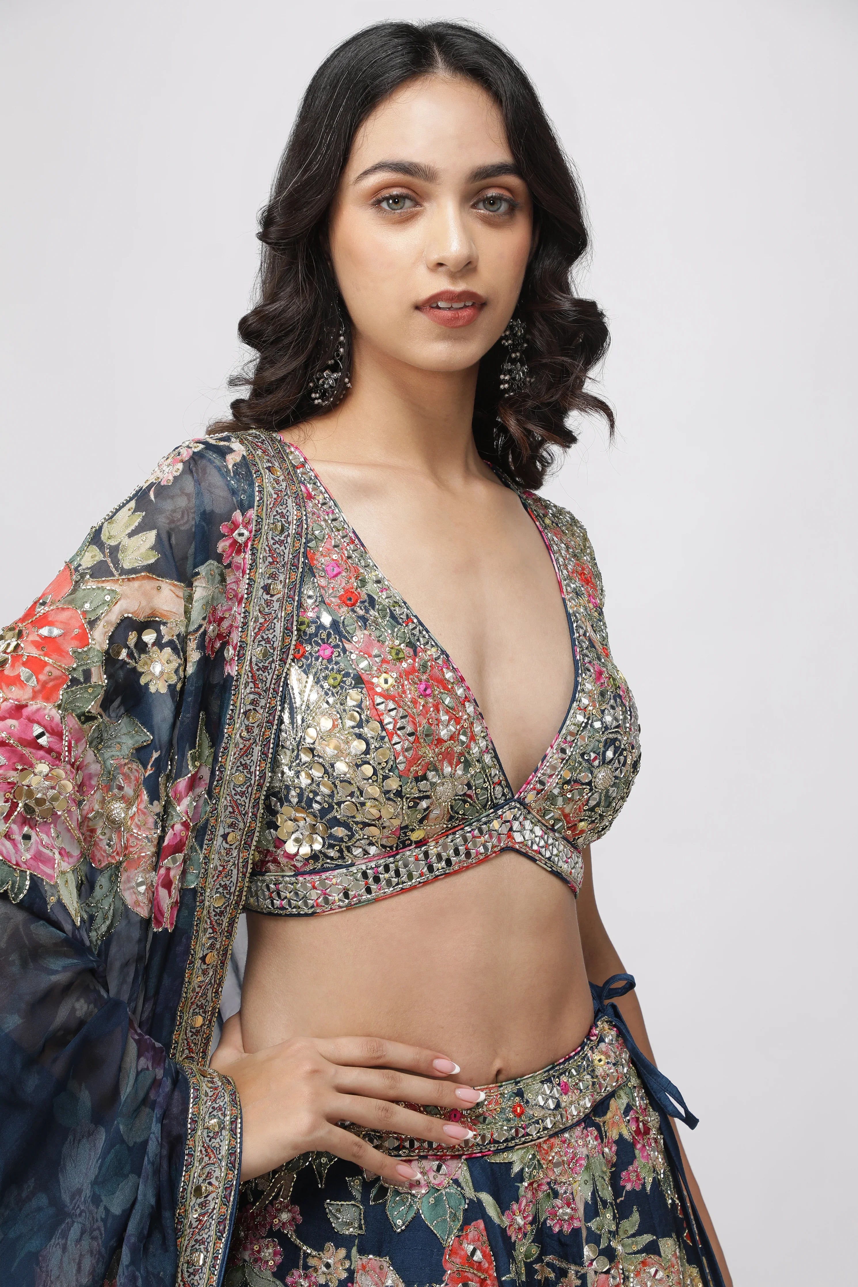 Navy Blue Silk Printed Lehenga Set - Mokshaa