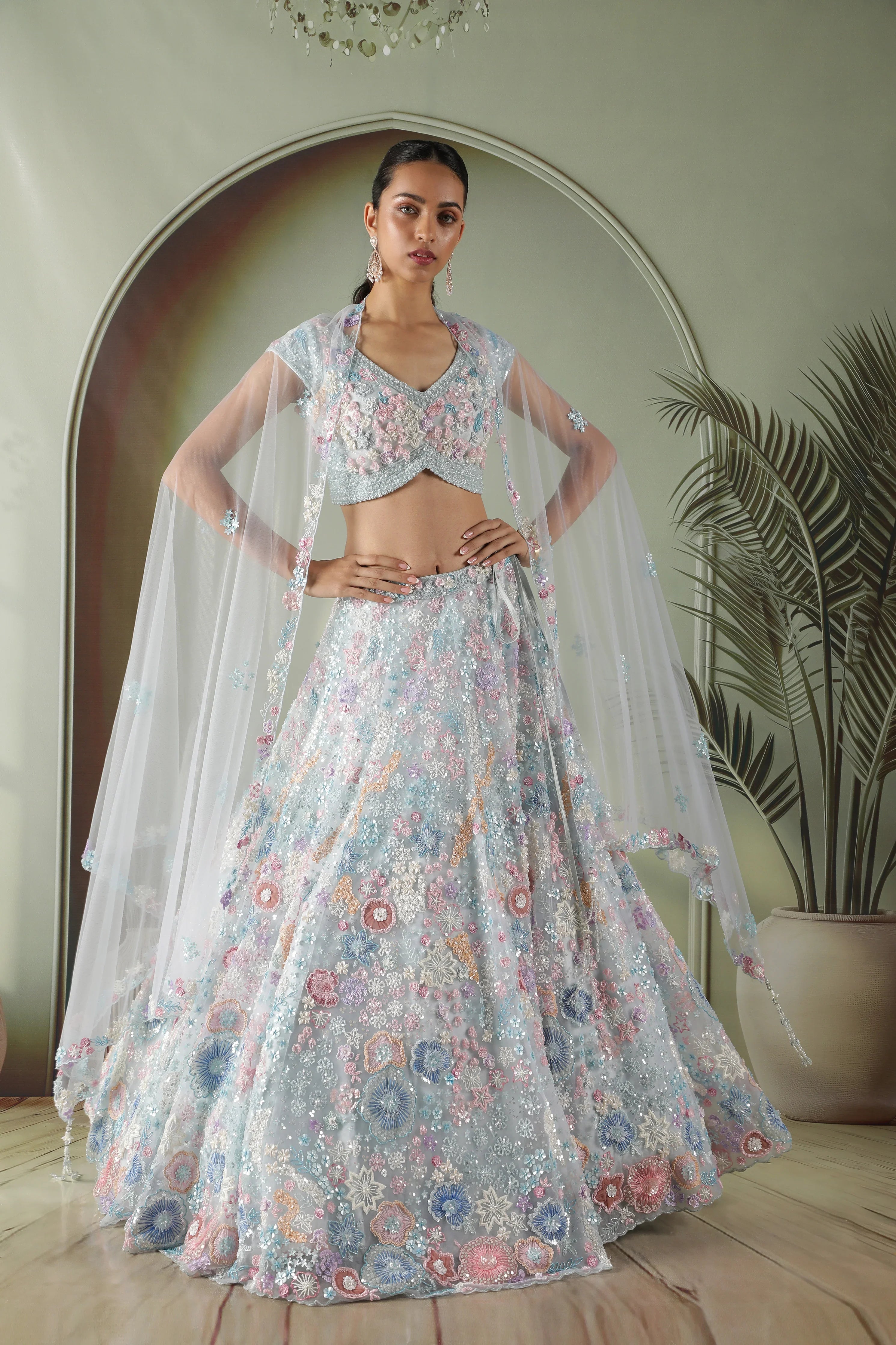 Powder Blue Multicolor Embroidered Net Lehenga Set - Mokshaa