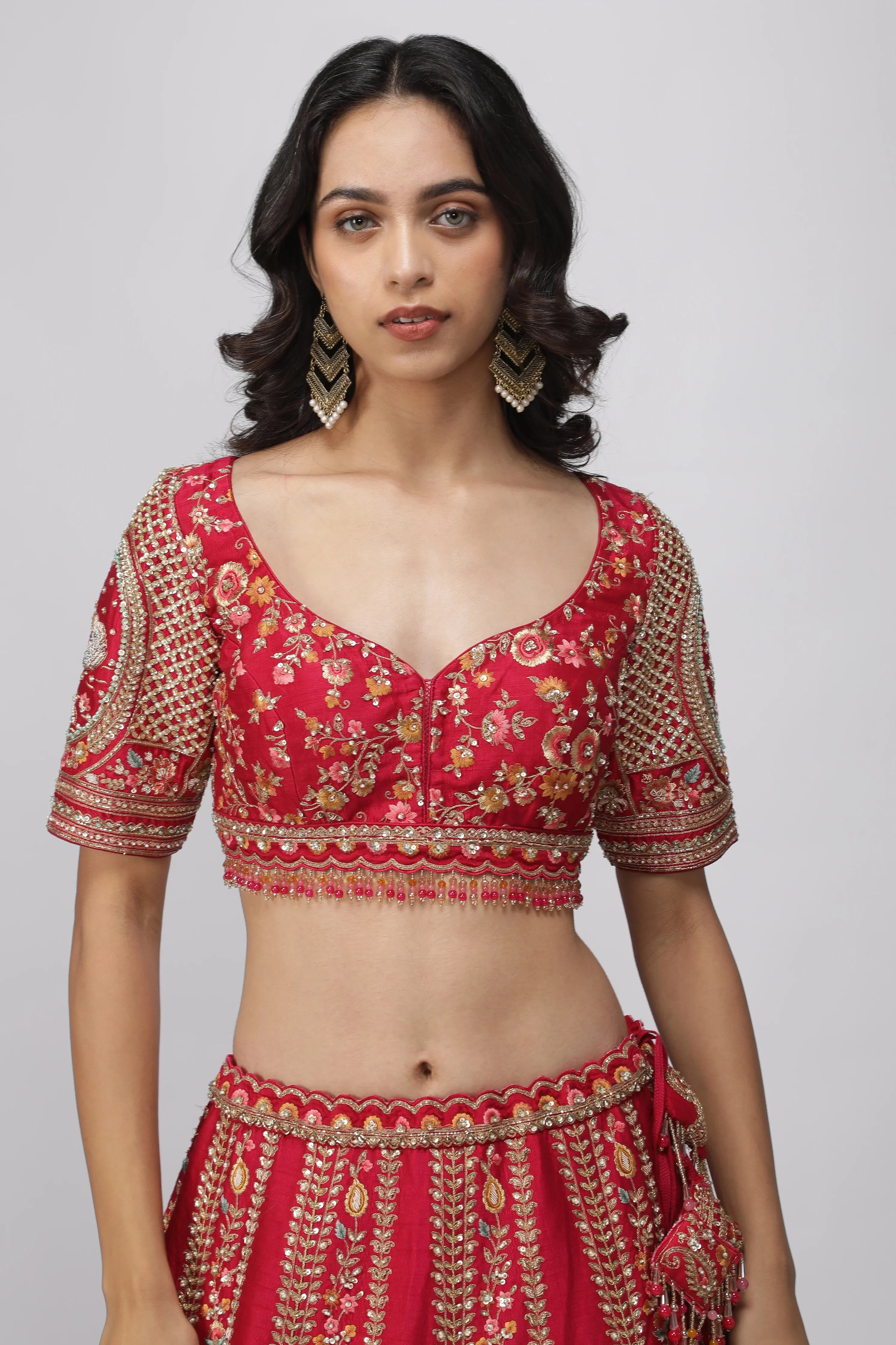 Red Raw Silk Bridal Lehenga Set - Mokshaa