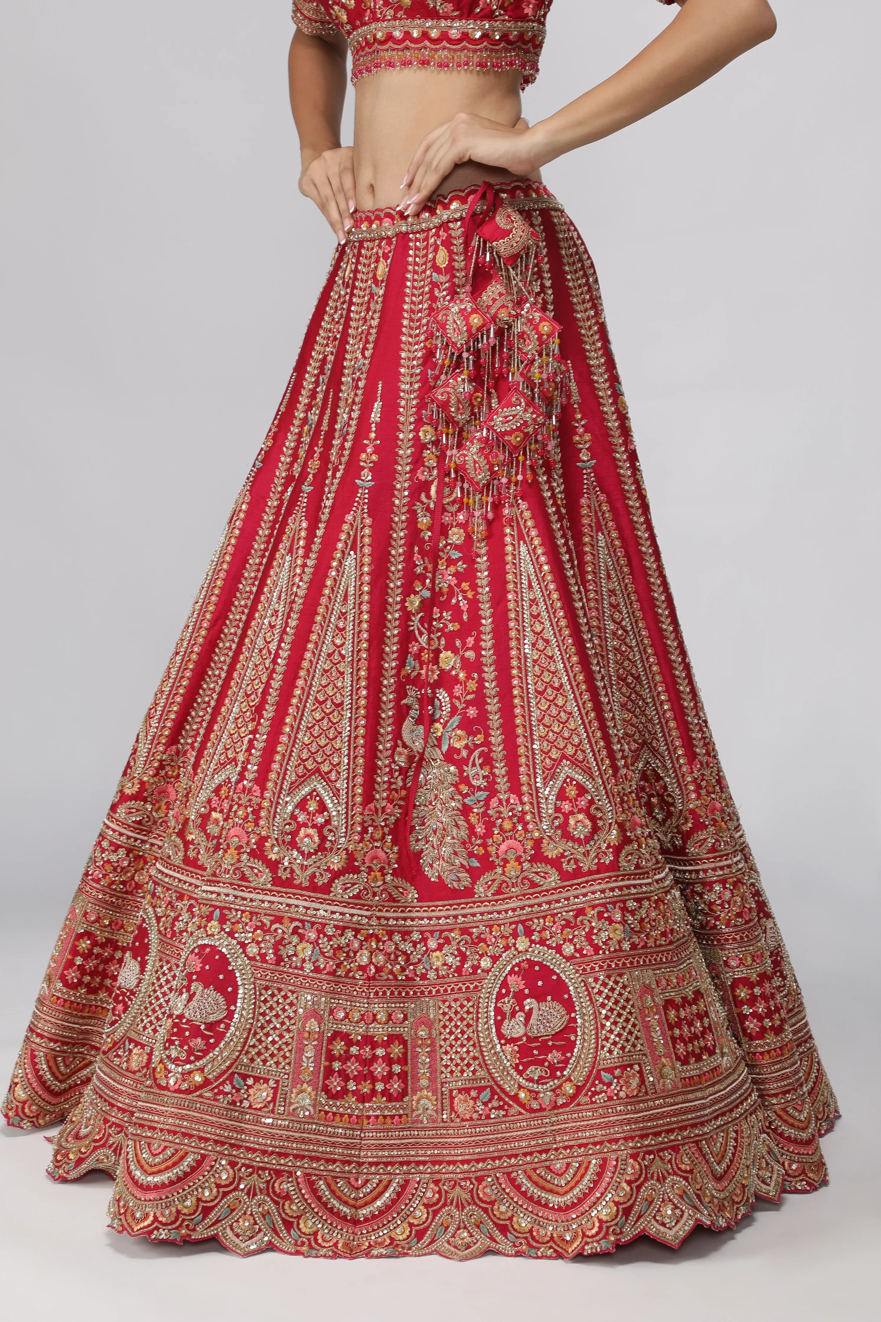 Red Raw Silk Bridal Lehenga Set - Mokshaa