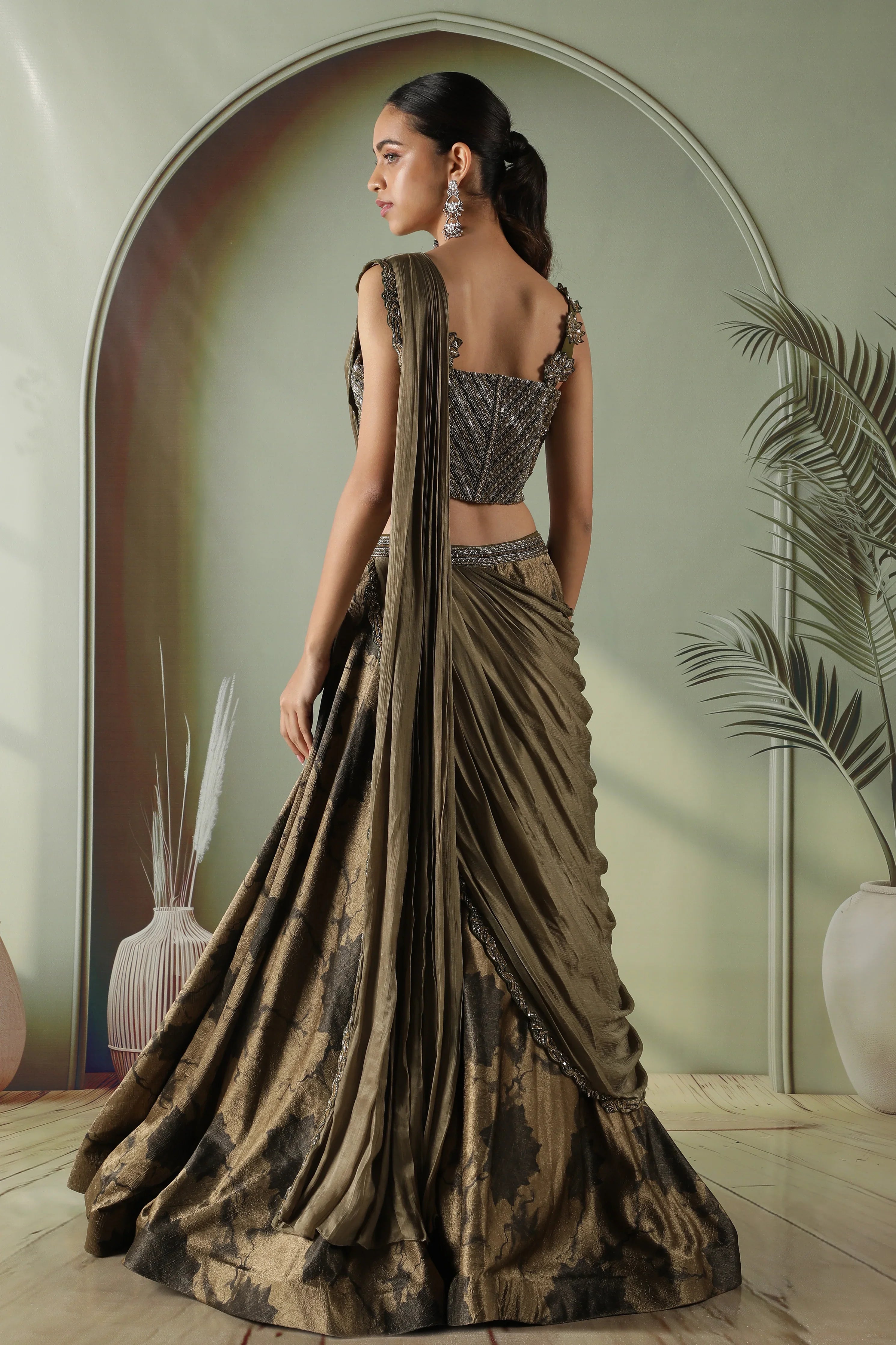 Olive Green Printed Textured Silk Drape Lehenga - Mokshaa
