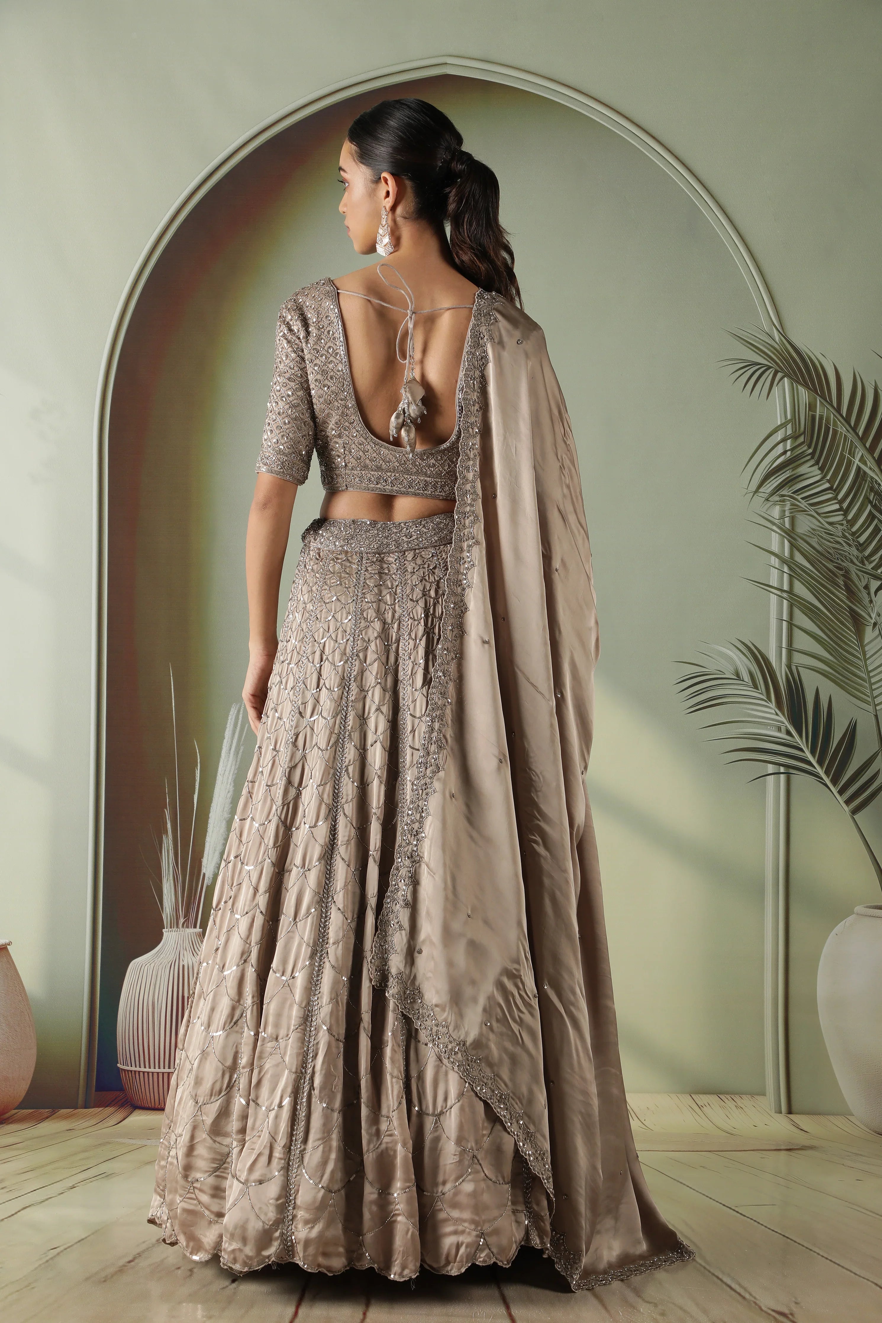 Mocha Satin Silk Lehenga Set - Mokshaa
