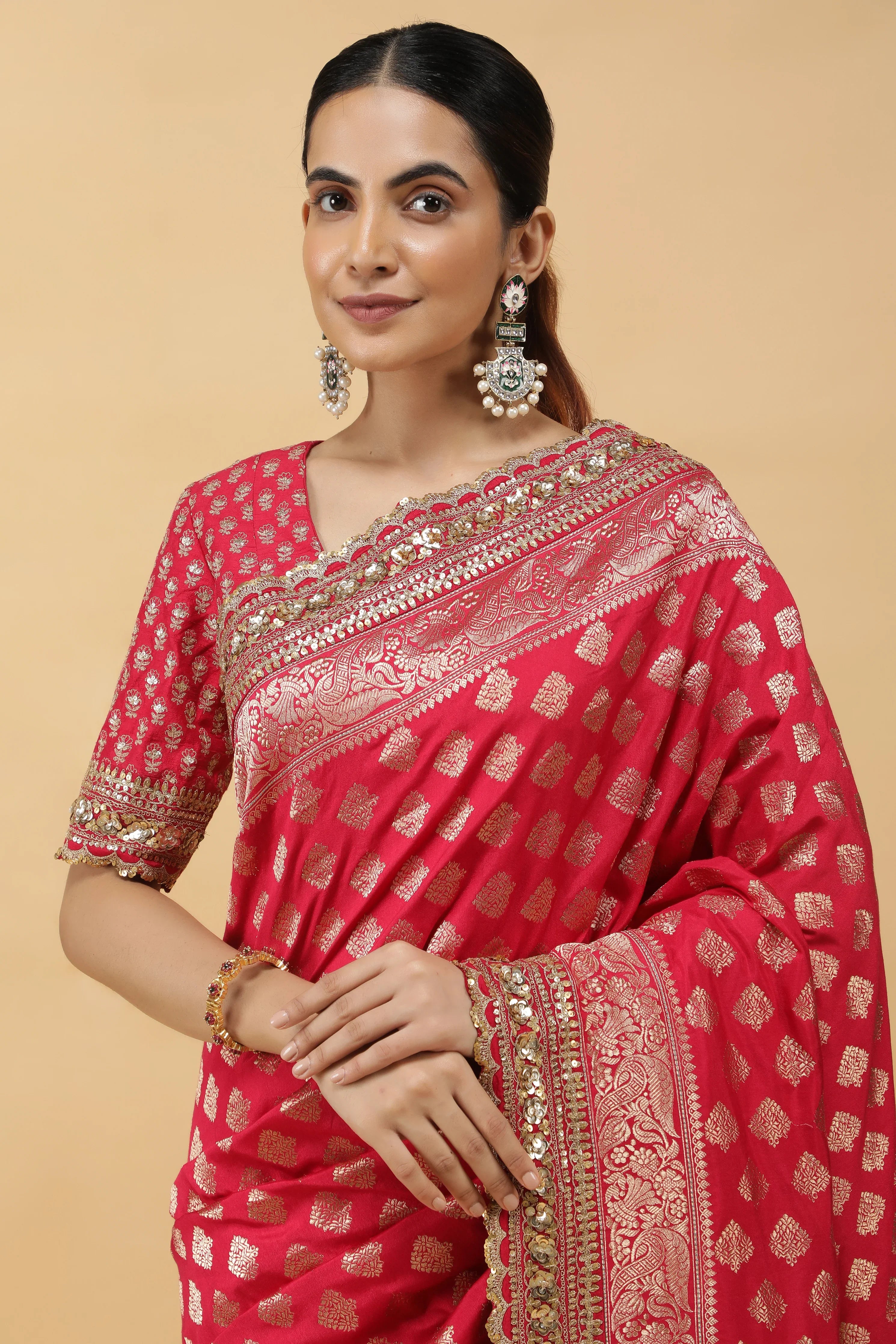 Pinkish Red Banaras Silk Saree with Gold Sequin Zari Border - Mokshaa