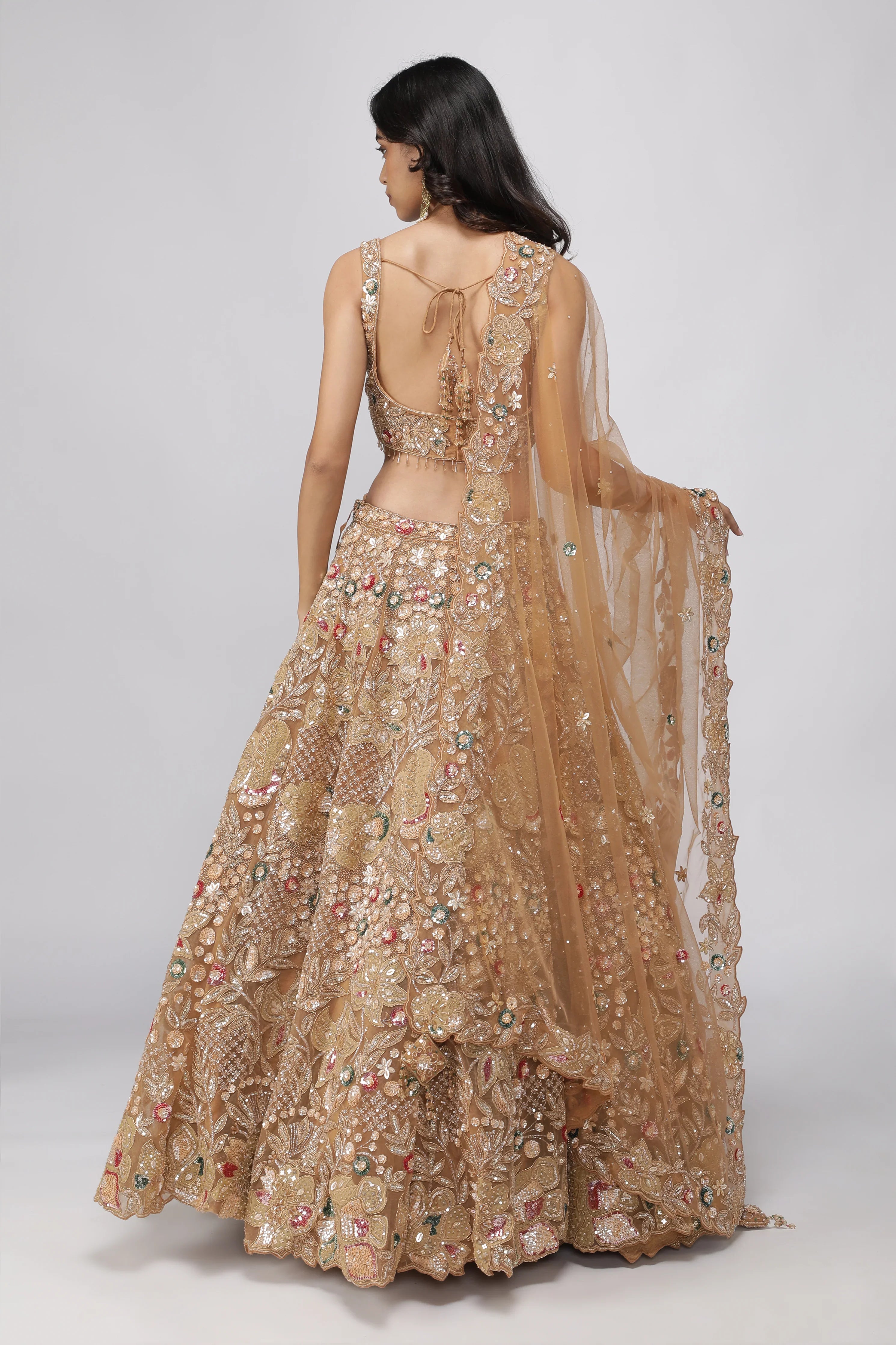 Golden Beige Net Lehenga Set - Mokshaa