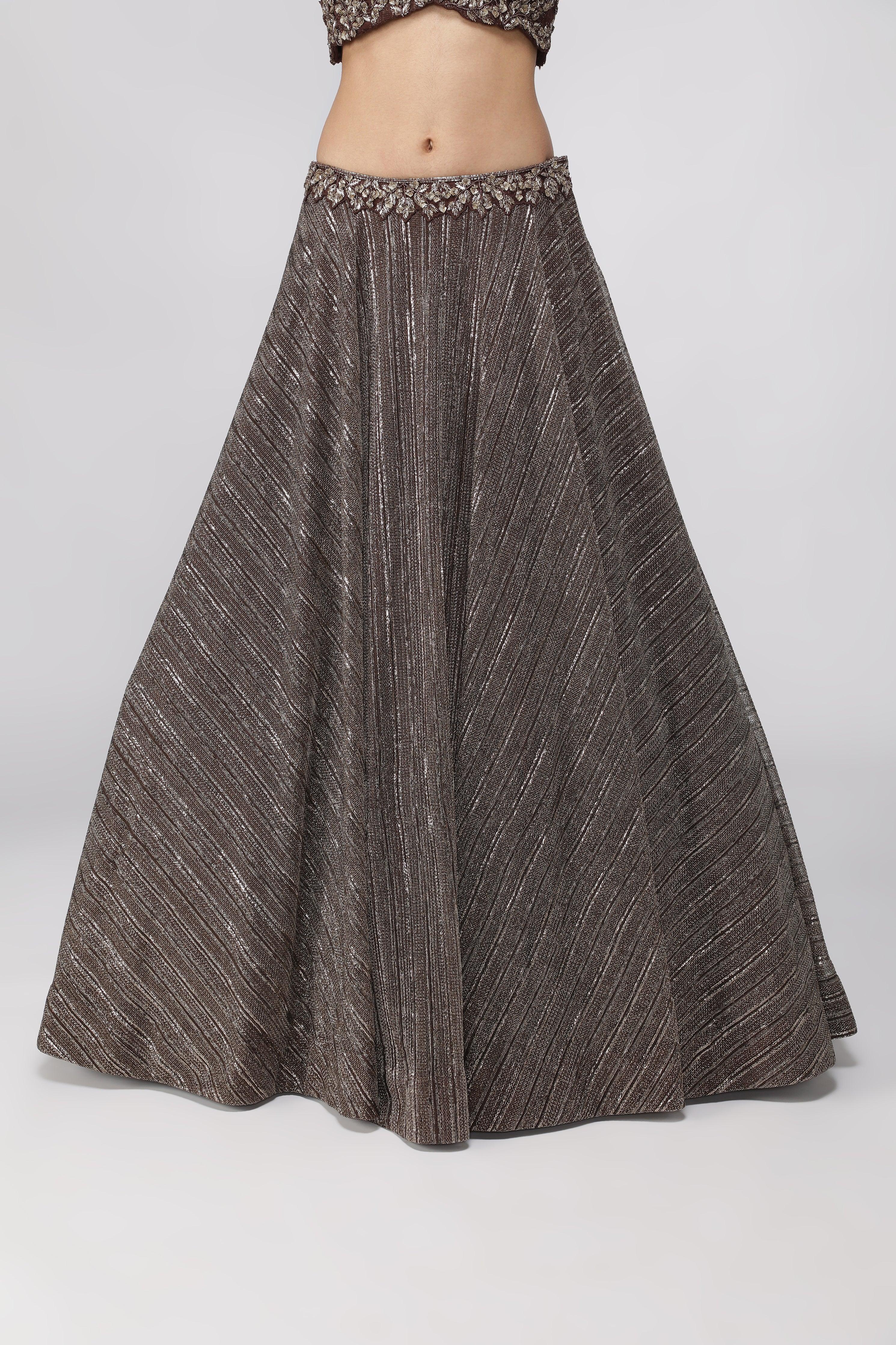 Coffee Brown Jacket Lehenga with Metallic Pearl Embroidery - Mokshaa