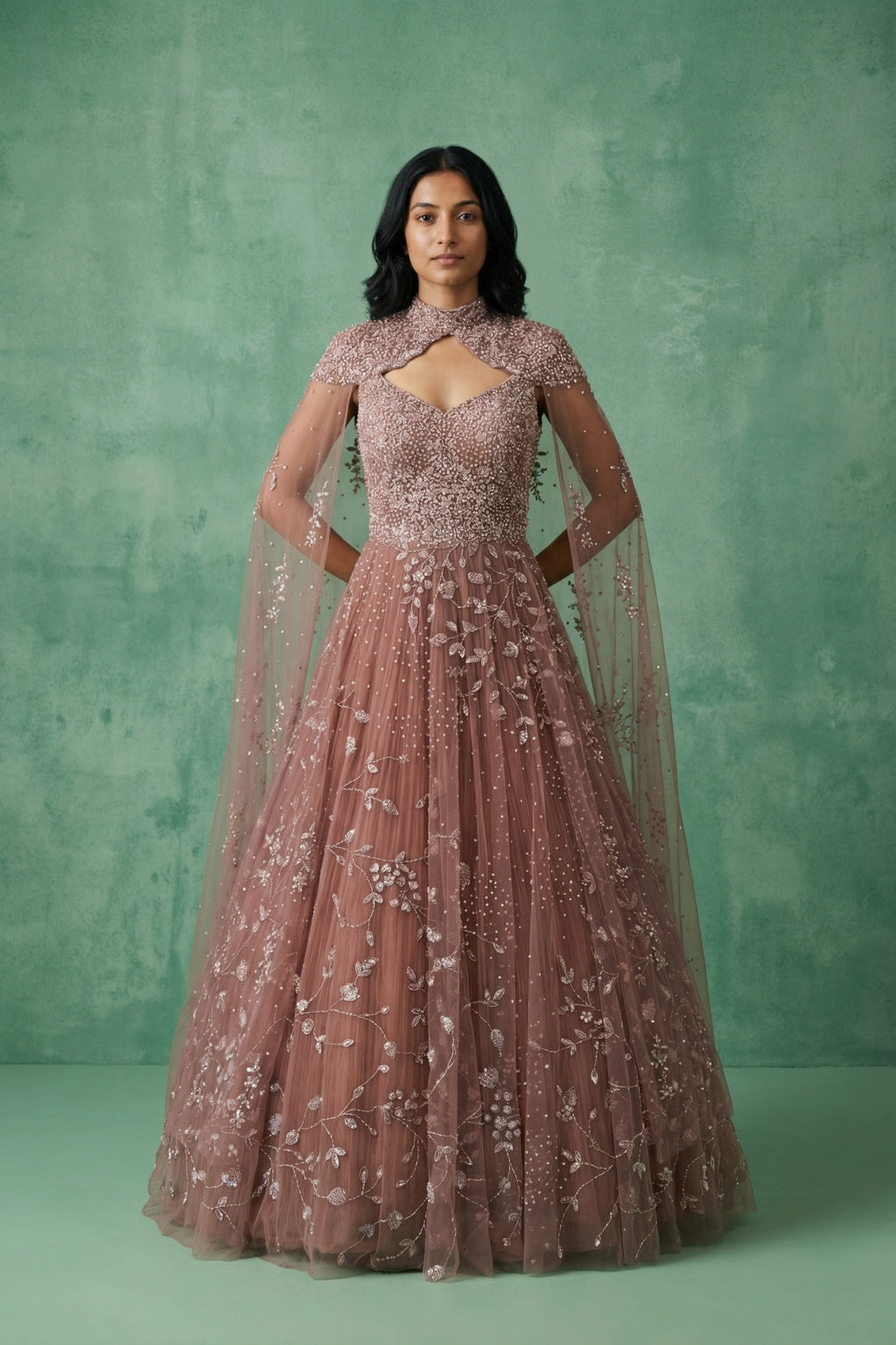 Dark Onion Net Embroidered Gown - Mokshaa