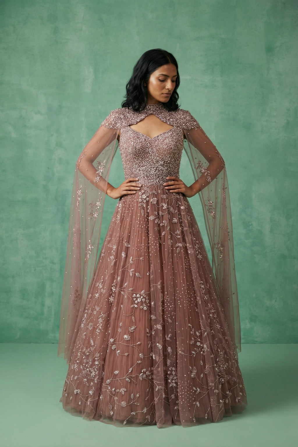 Dark Onion Net Embroidered Gown - Mokshaa