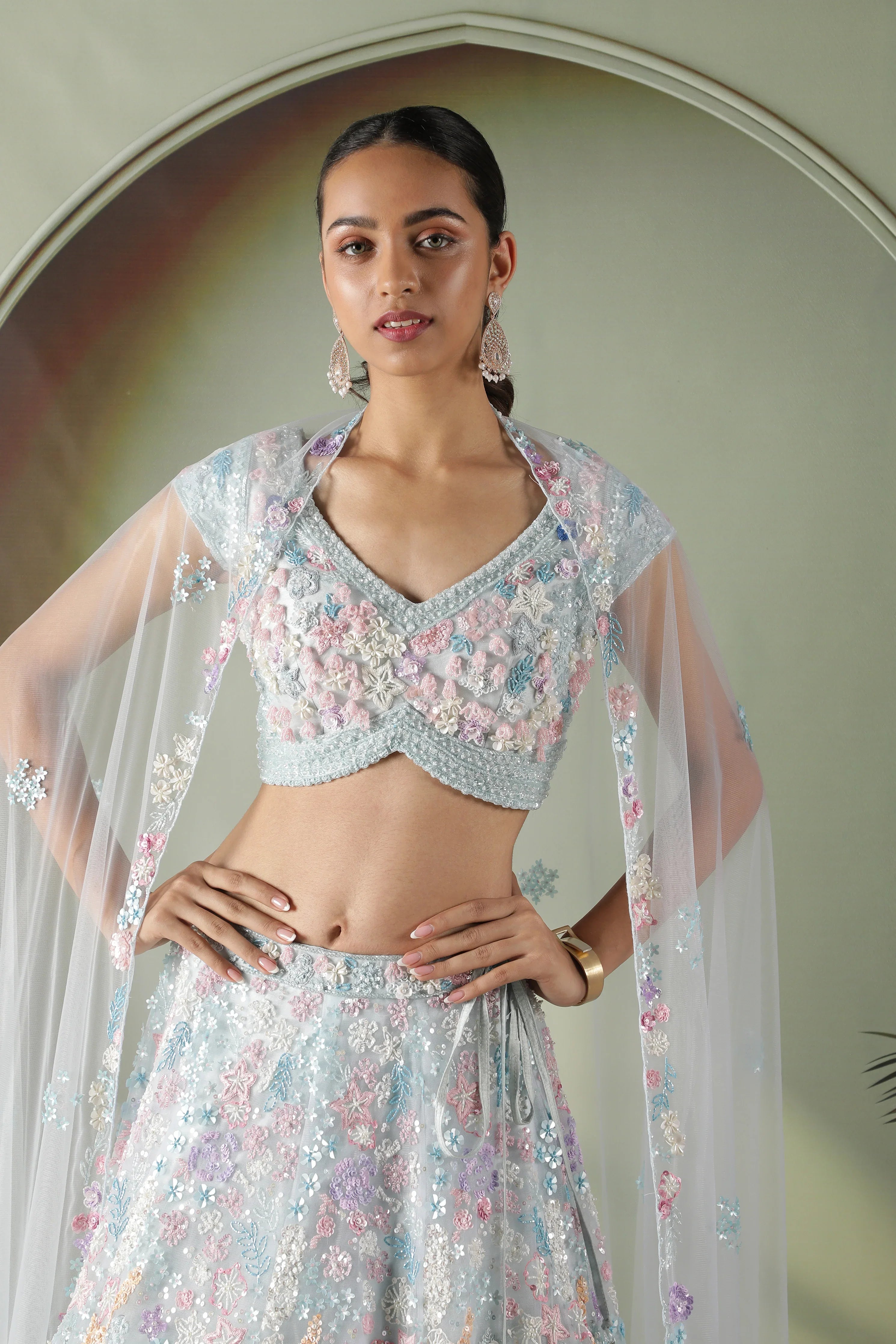 Powder Blue Multicolor Embroidered Net Lehenga Set - Mokshaa
