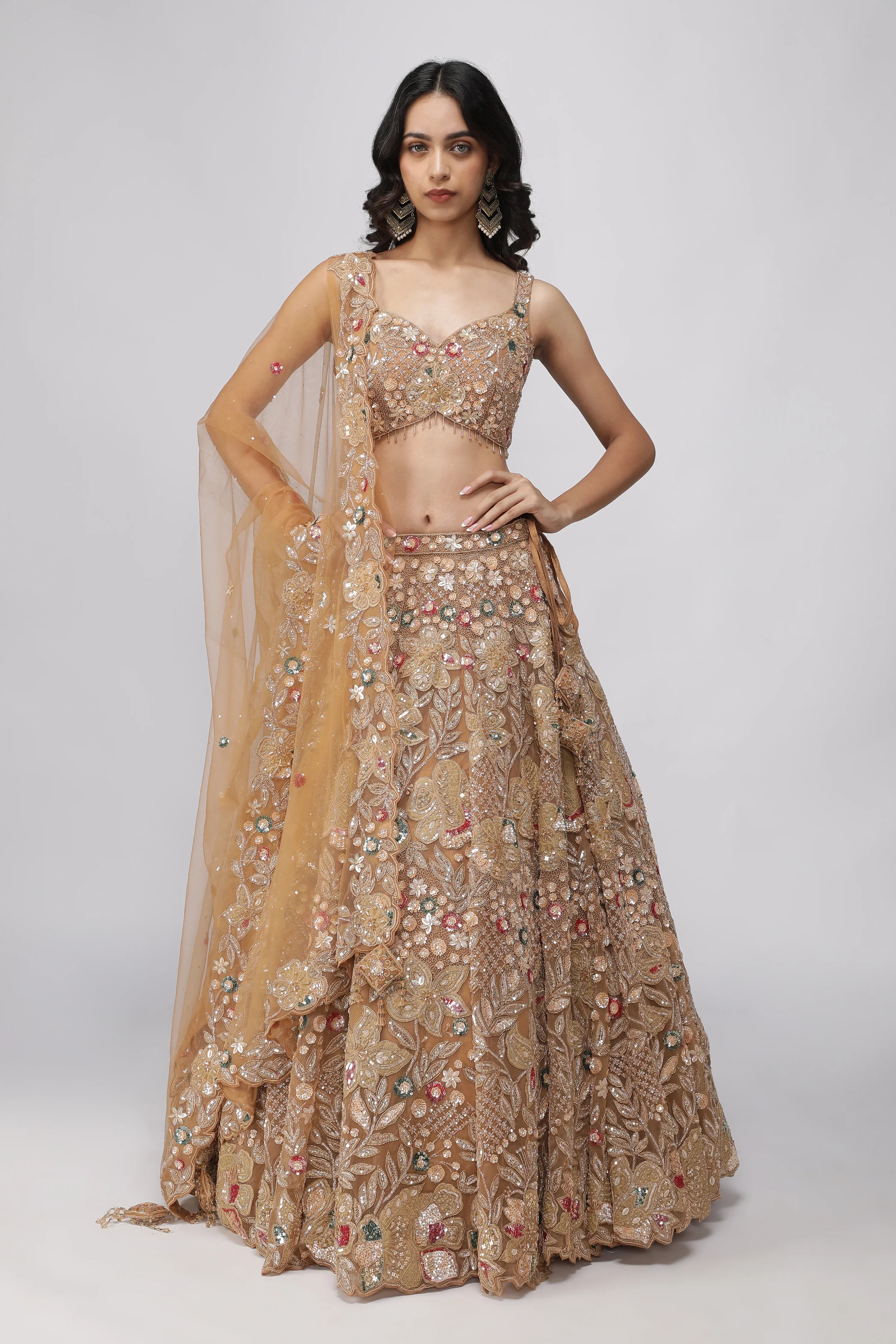 Golden Beige Net Lehenga Set - Mokshaa