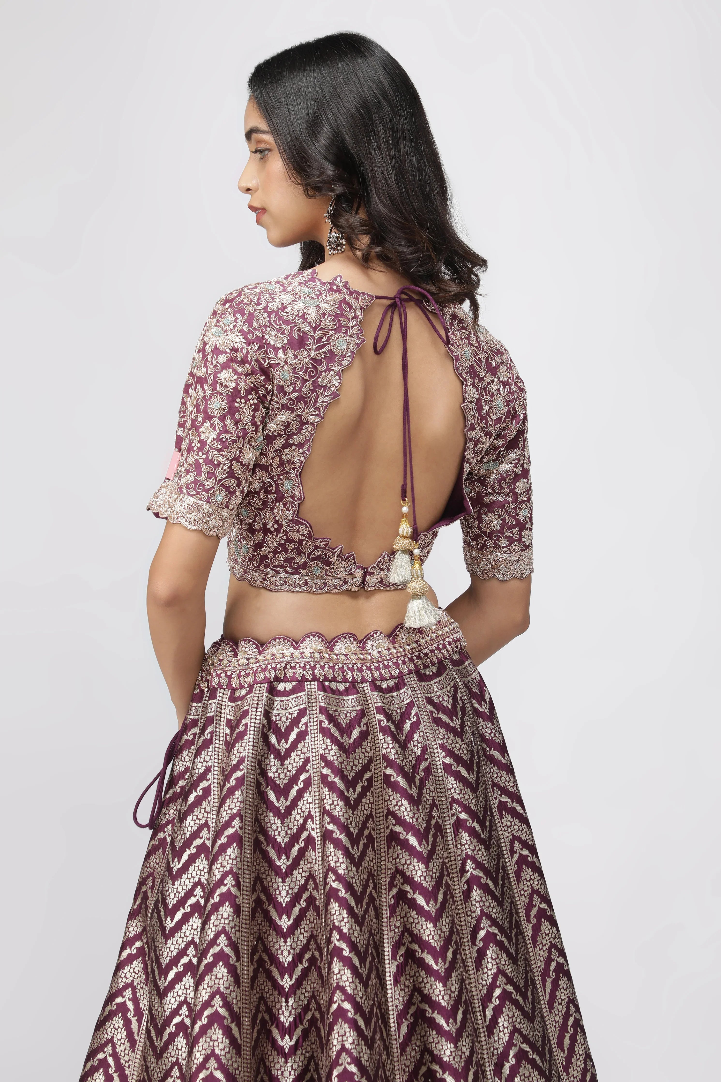 Violet Benarasi Silk Lehenga with Zardozi & French Knot Embroidery - Mokshaa