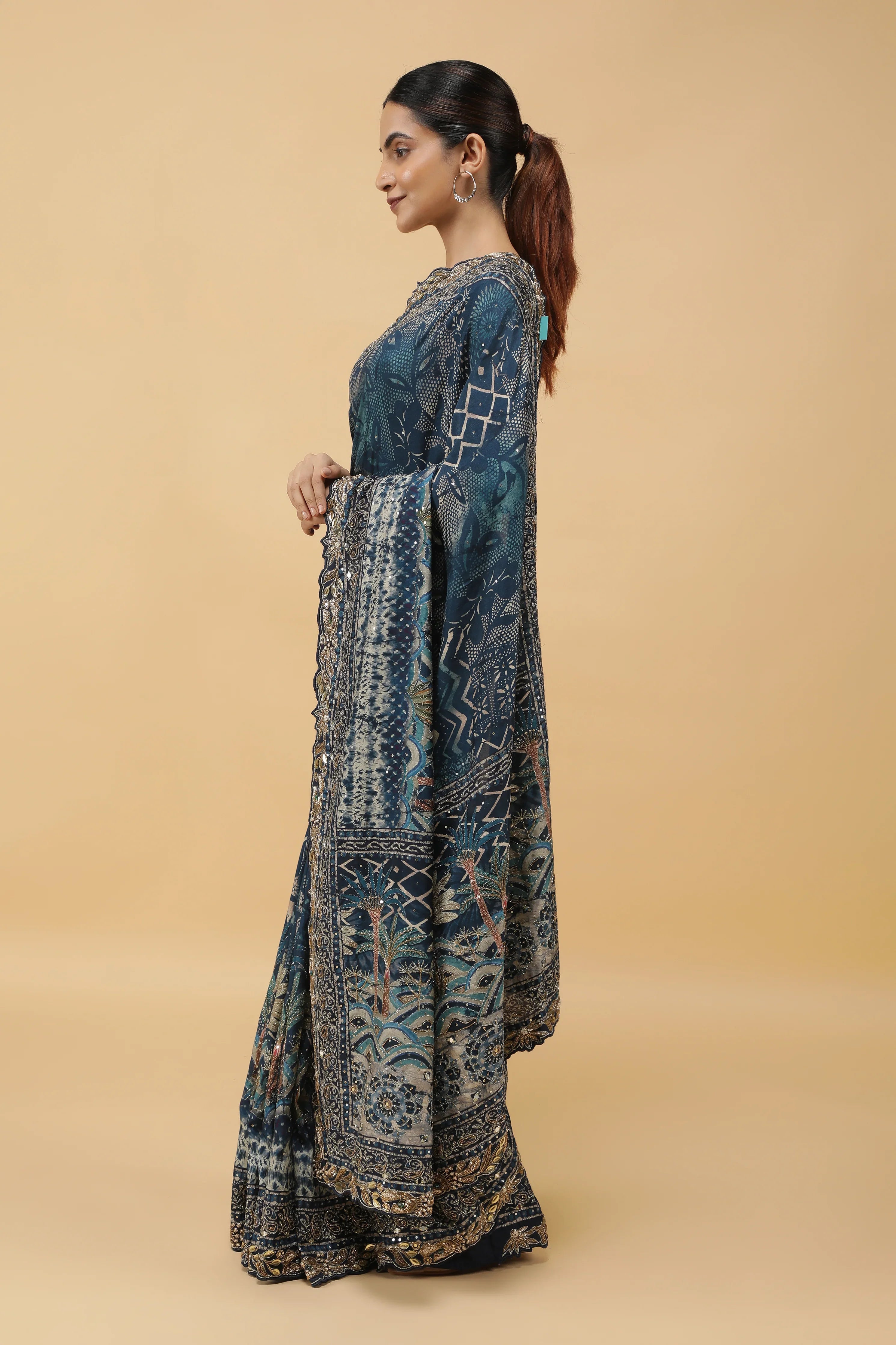 Steel Blue Crepe Silk Saree with Digital Print & Aari Embroidery - Mokshaa