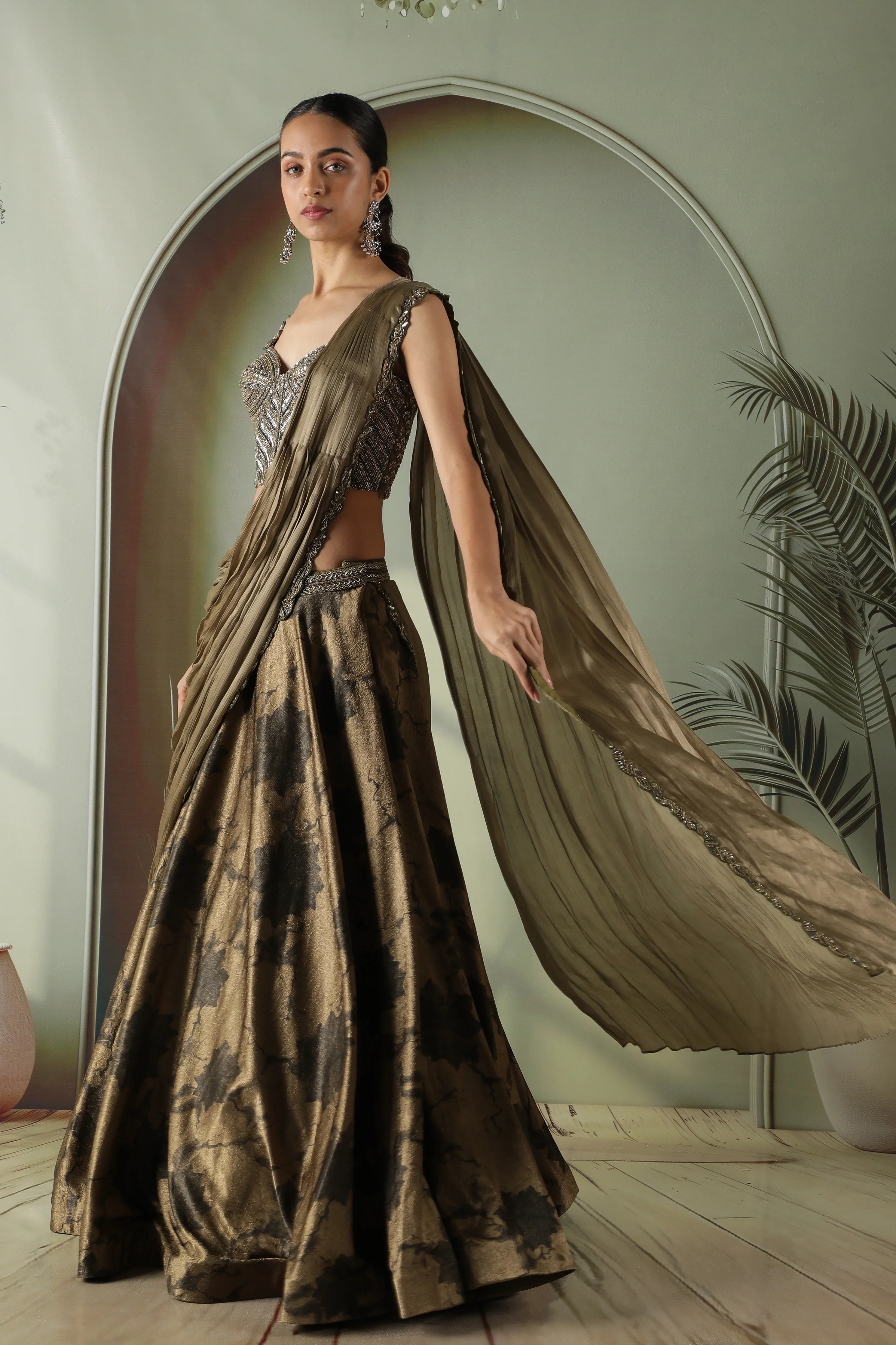 Olive Green Printed Textured Silk Drape Lehenga - Mokshaa