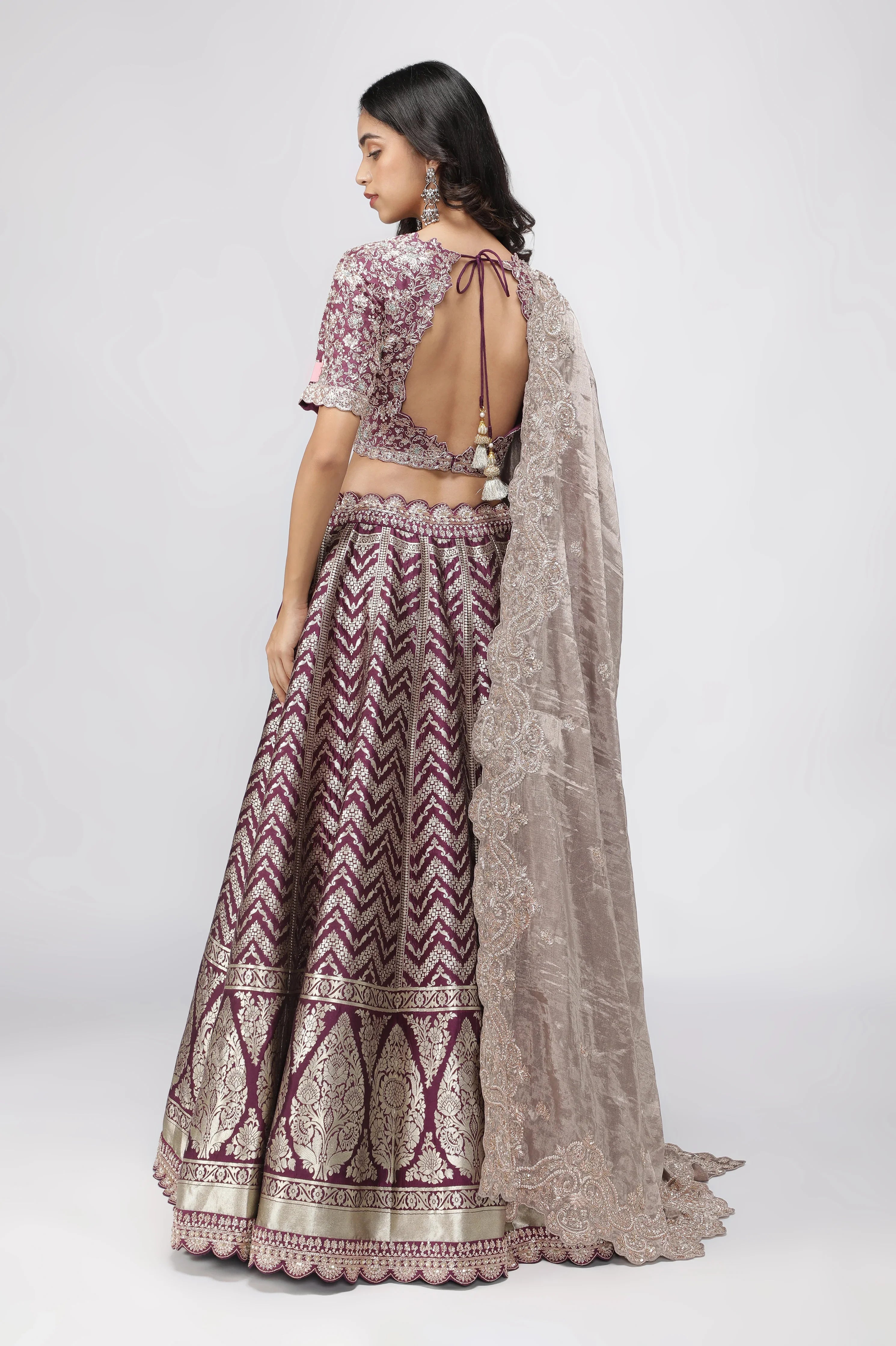 Violet Benarasi Silk Lehenga with Zardozi & French Knot Embroidery - Mokshaa