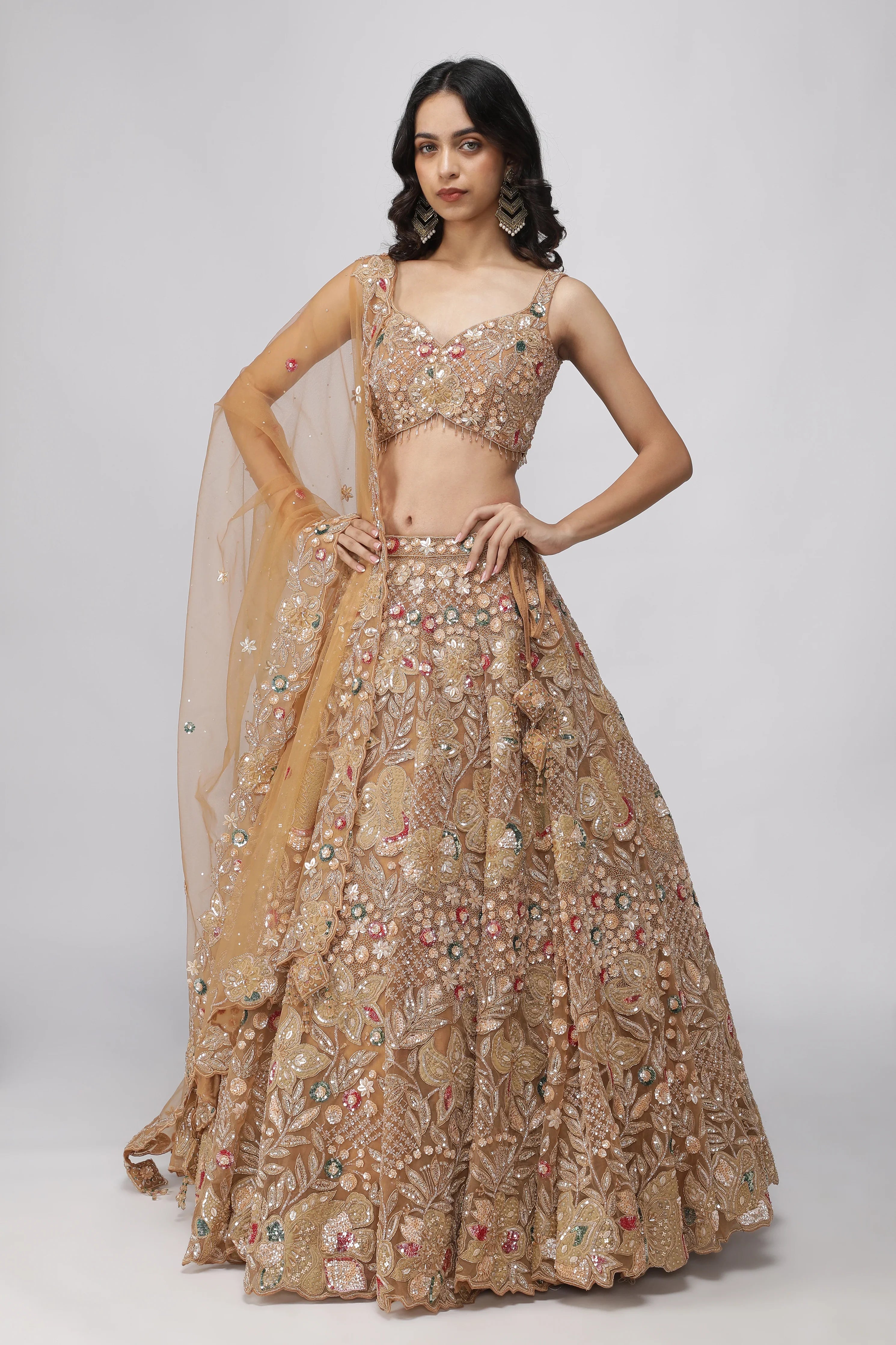 Golden Beige Net Lehenga Set - Mokshaa