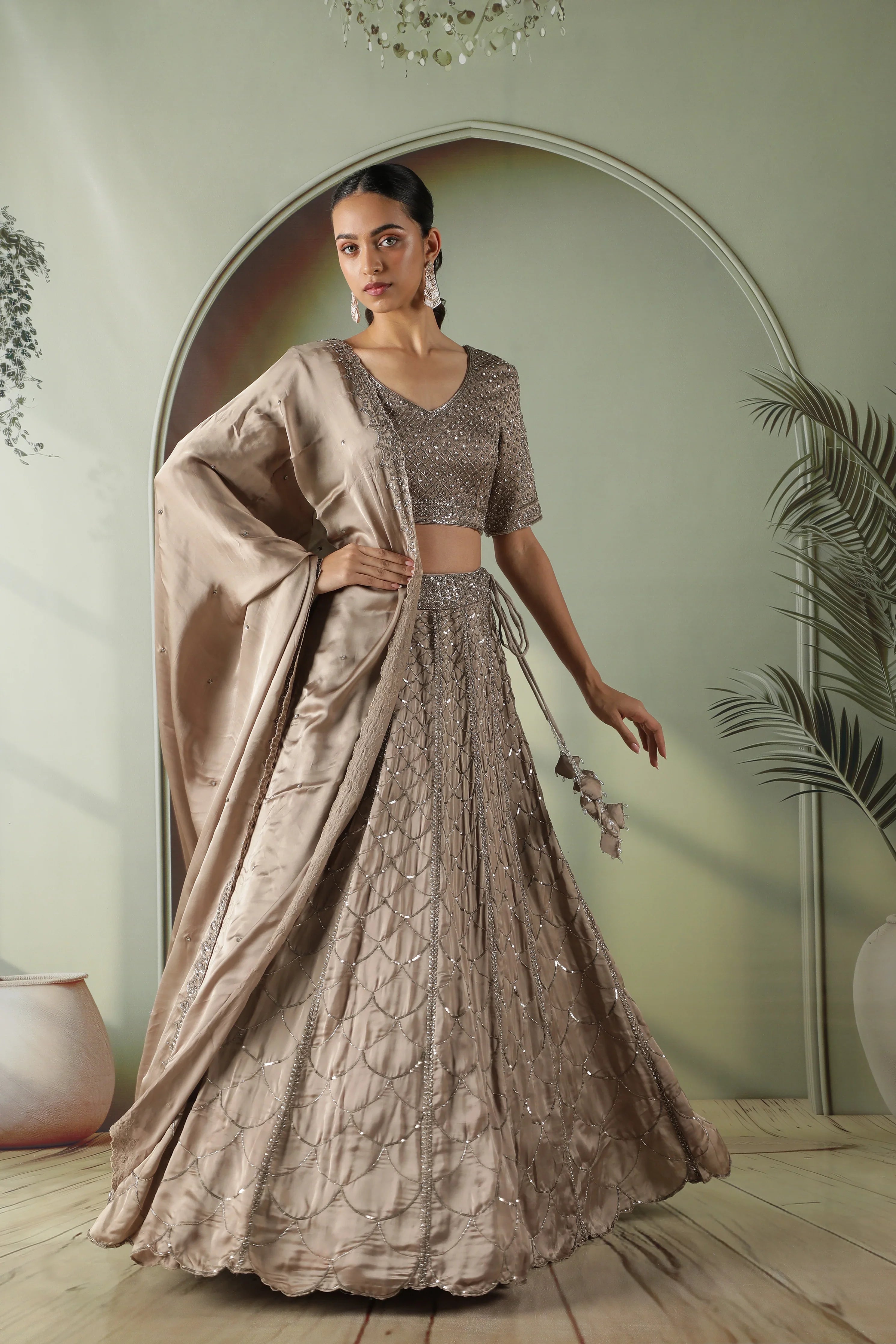 Mocha Satin Silk Lehenga Set - Mokshaa