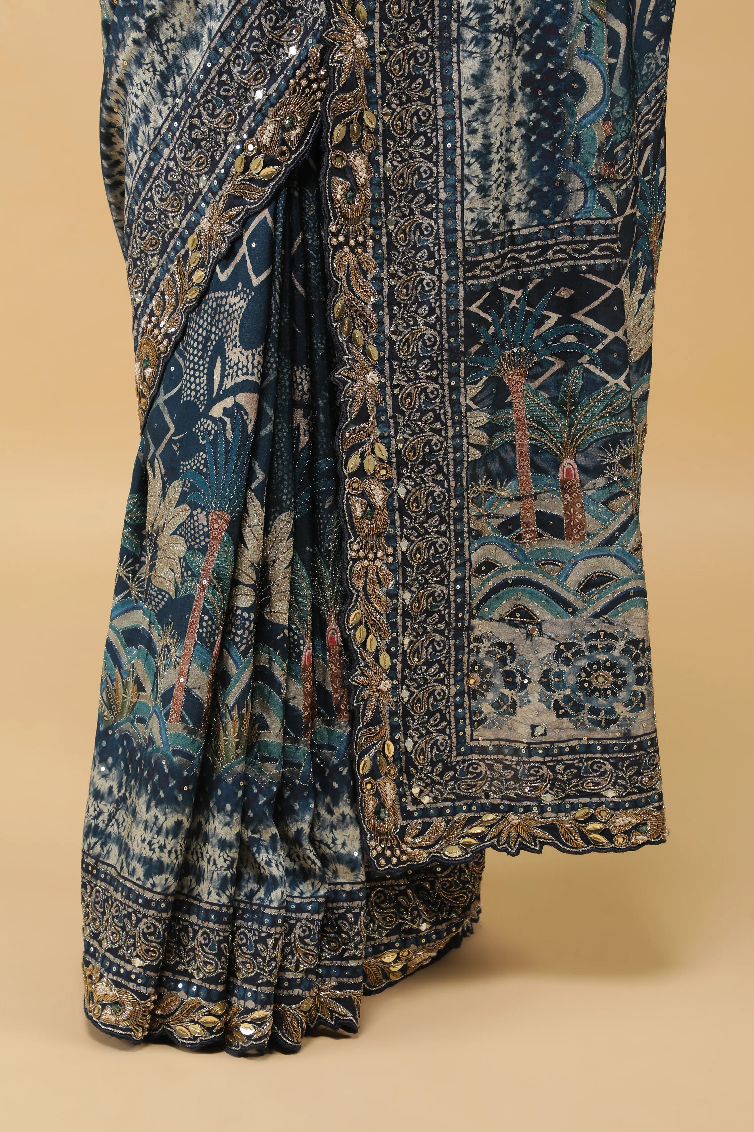 Steel Blue Crepe Silk Saree with Digital Print & Aari Embroidery - Mokshaa