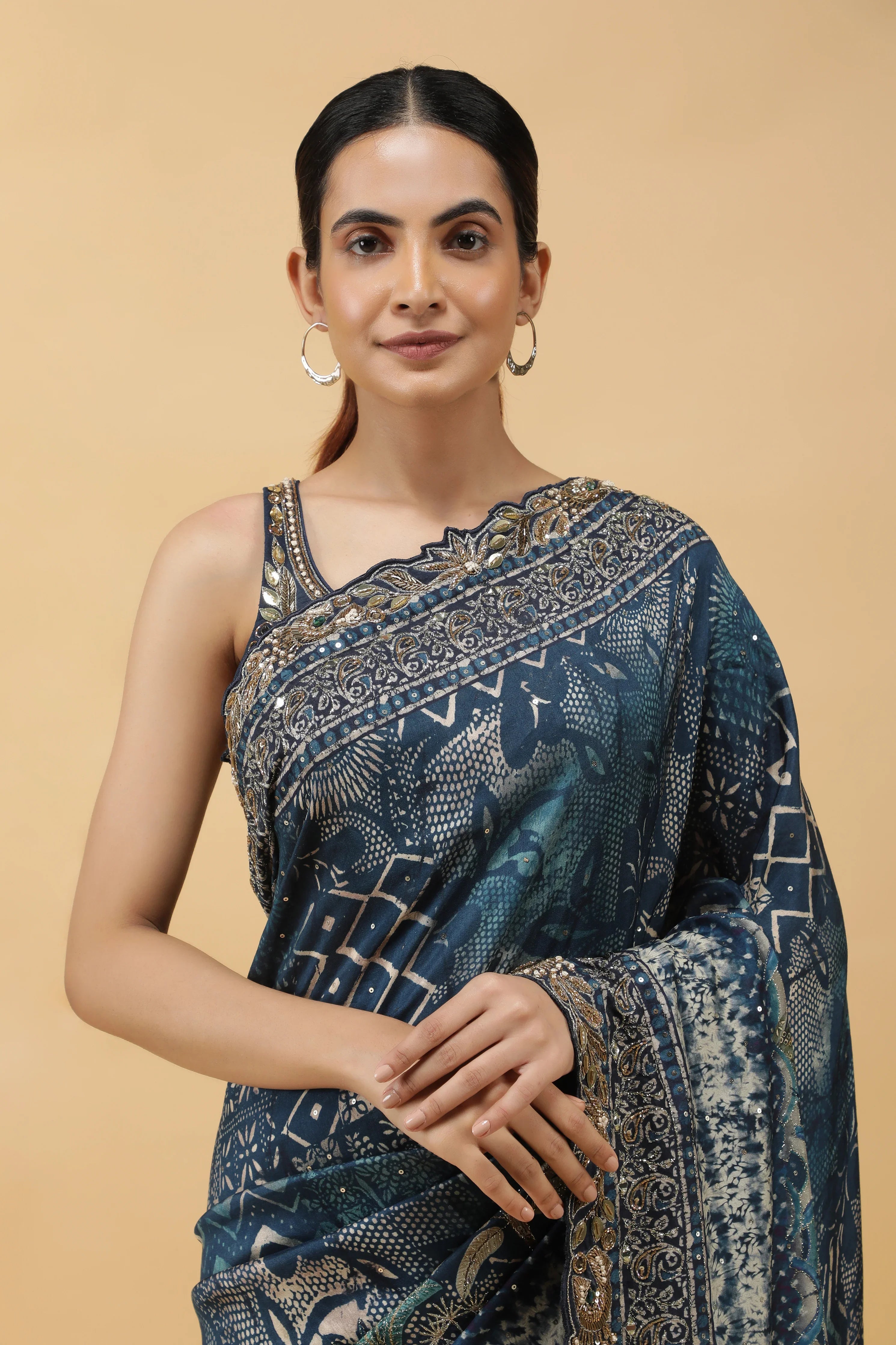 Steel Blue Crepe Silk Saree with Digital Print & Aari Embroidery - Mokshaa