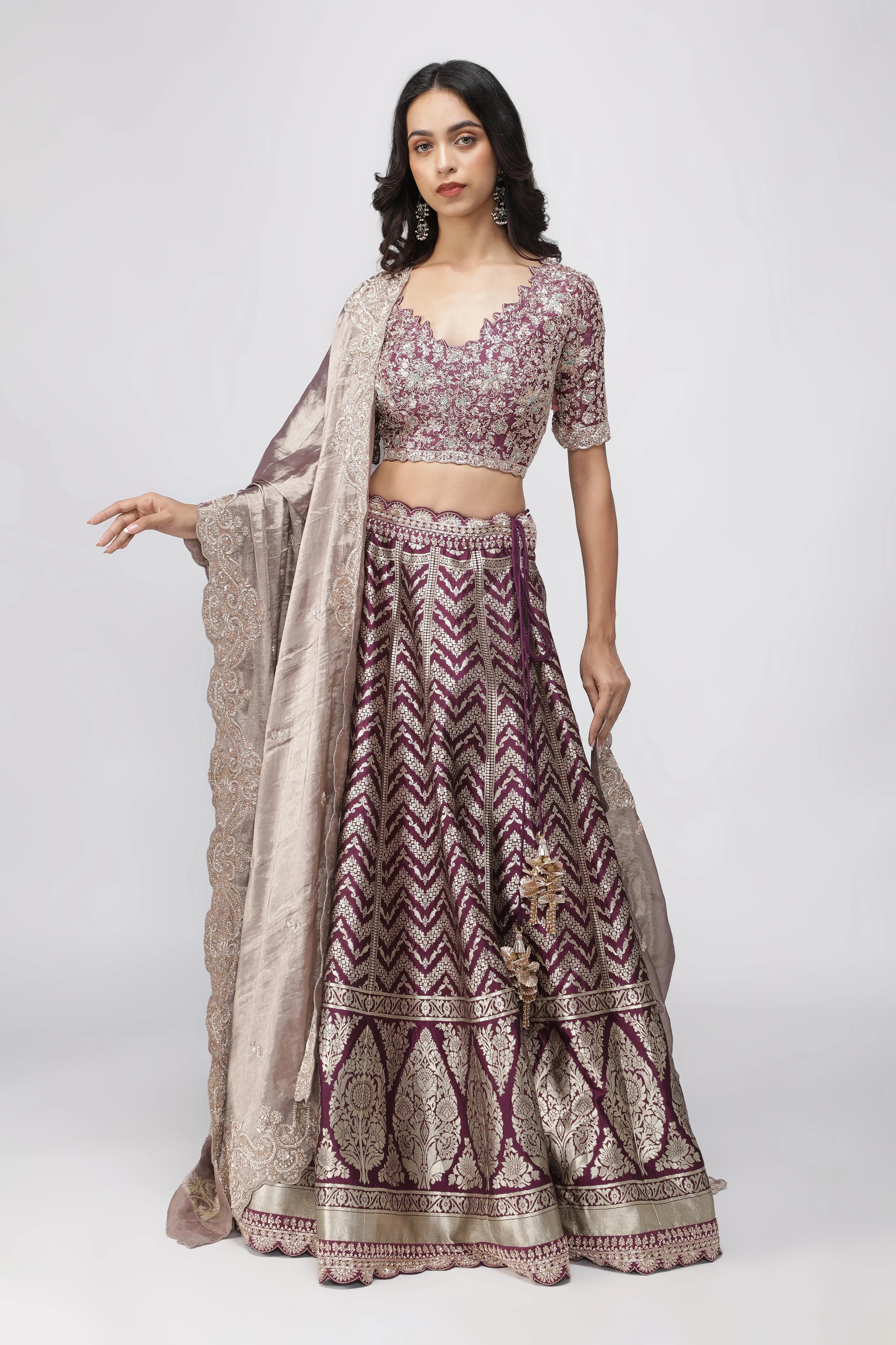 Violet Benarasi Silk Lehenga with Zardozi & French Knot Embroidery - Mokshaa