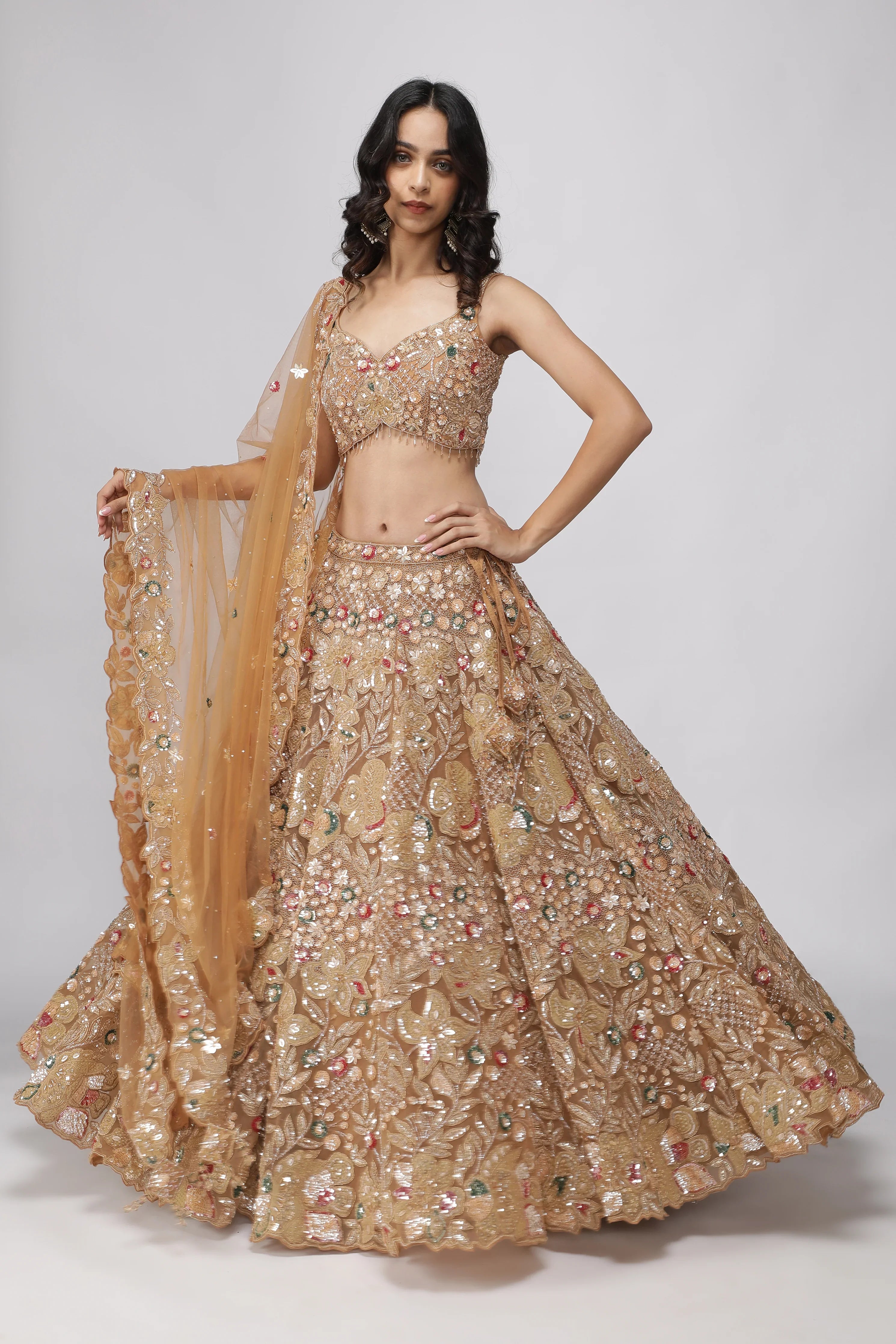 Golden Beige Net Lehenga Set - Mokshaa