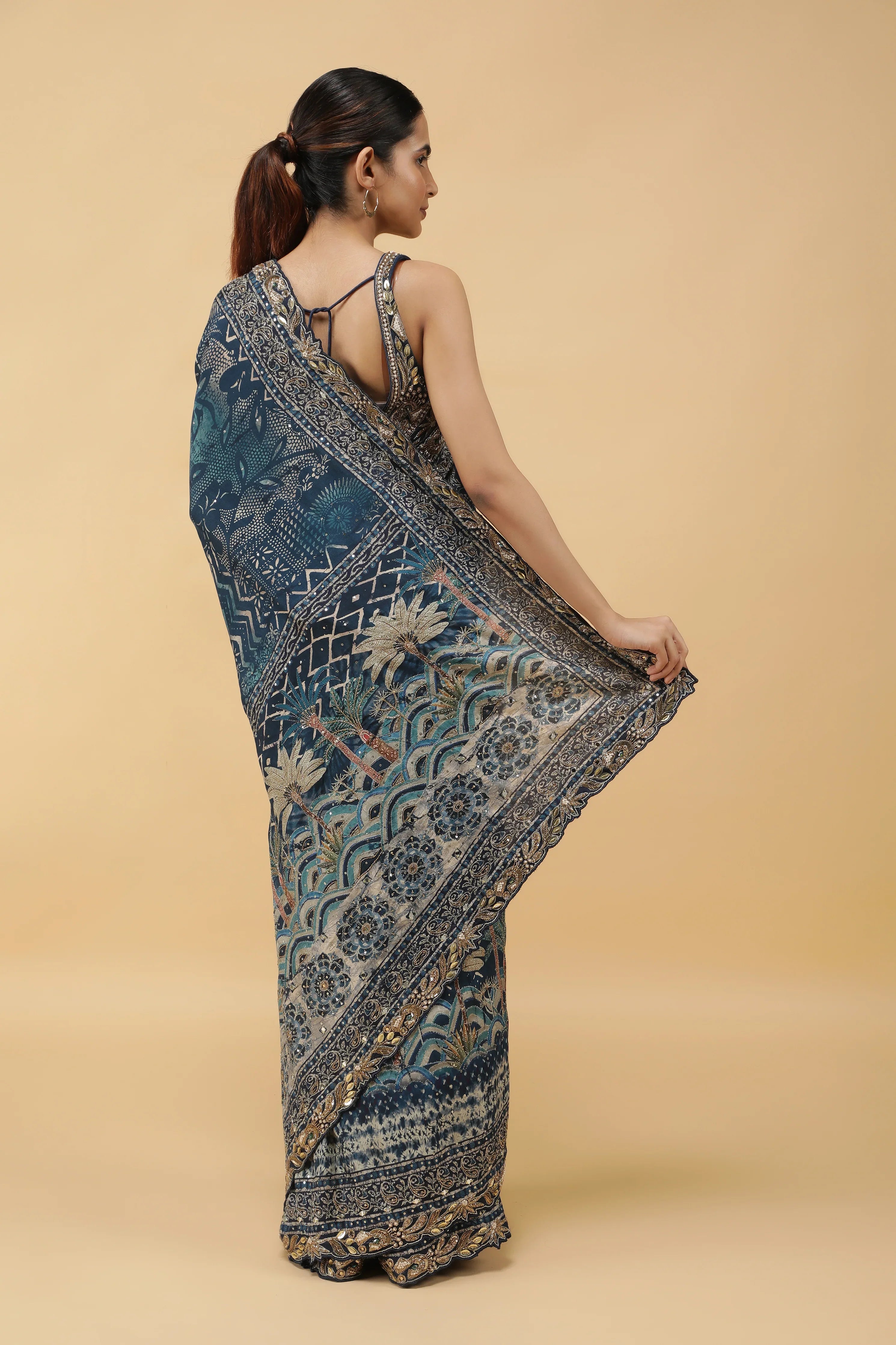 Steel Blue Crepe Silk Saree with Digital Print & Aari Embroidery - Mokshaa
