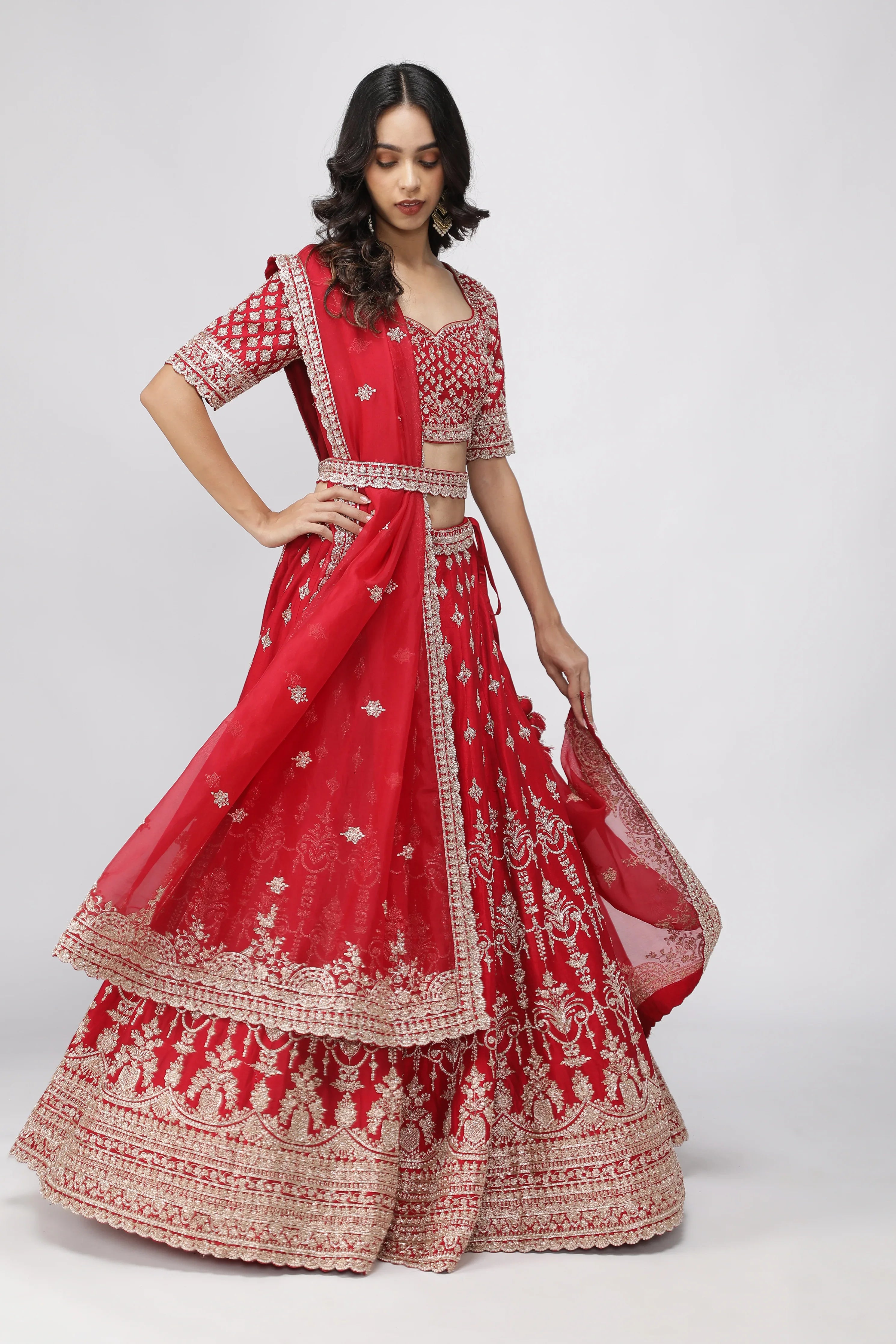 Opulent Red Raw Silk Bridal Lehenga Set - Mokshaa