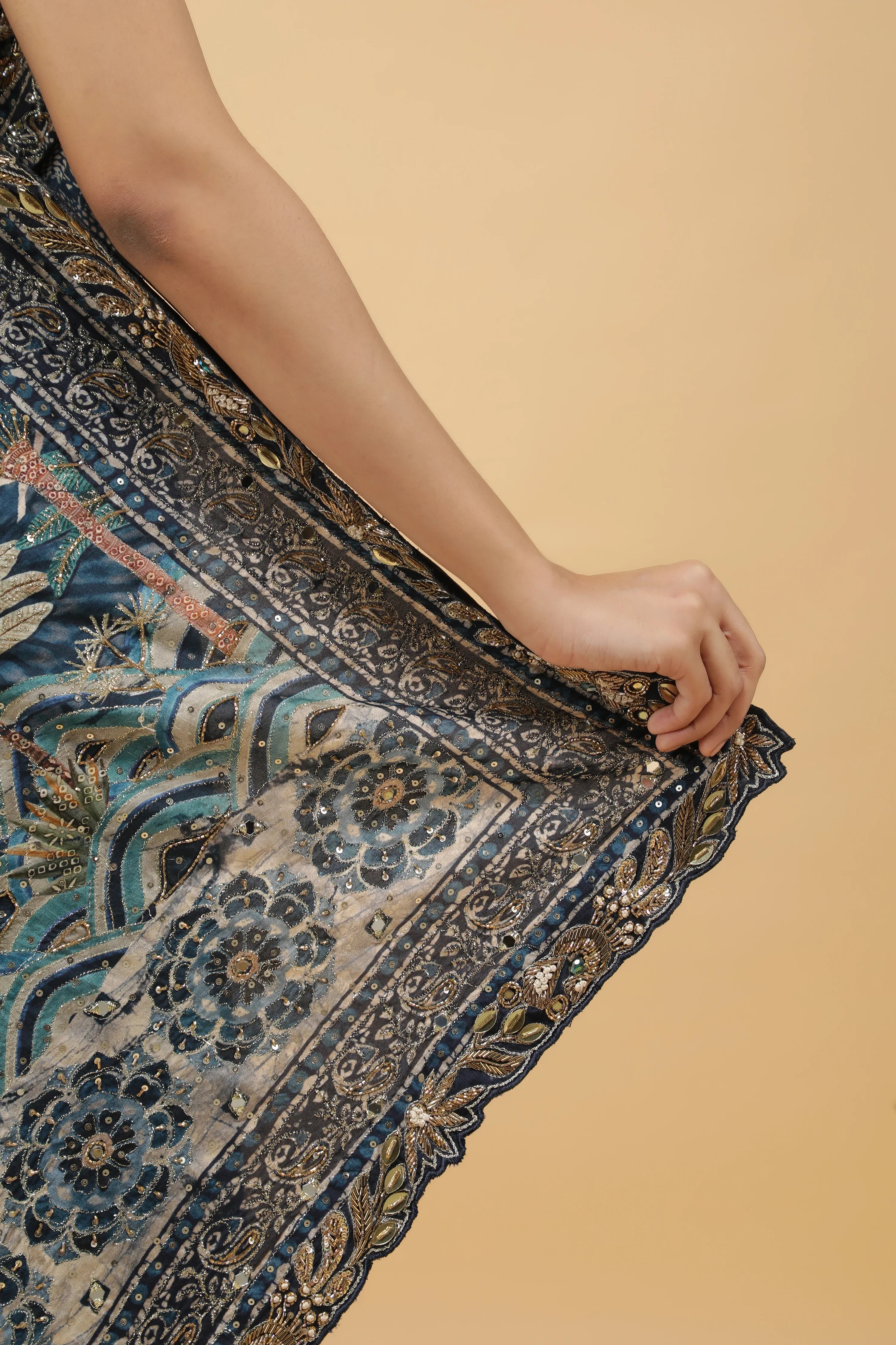 Steel Blue Crepe Silk Saree with Digital Print & Aari Embroidery - Mokshaa