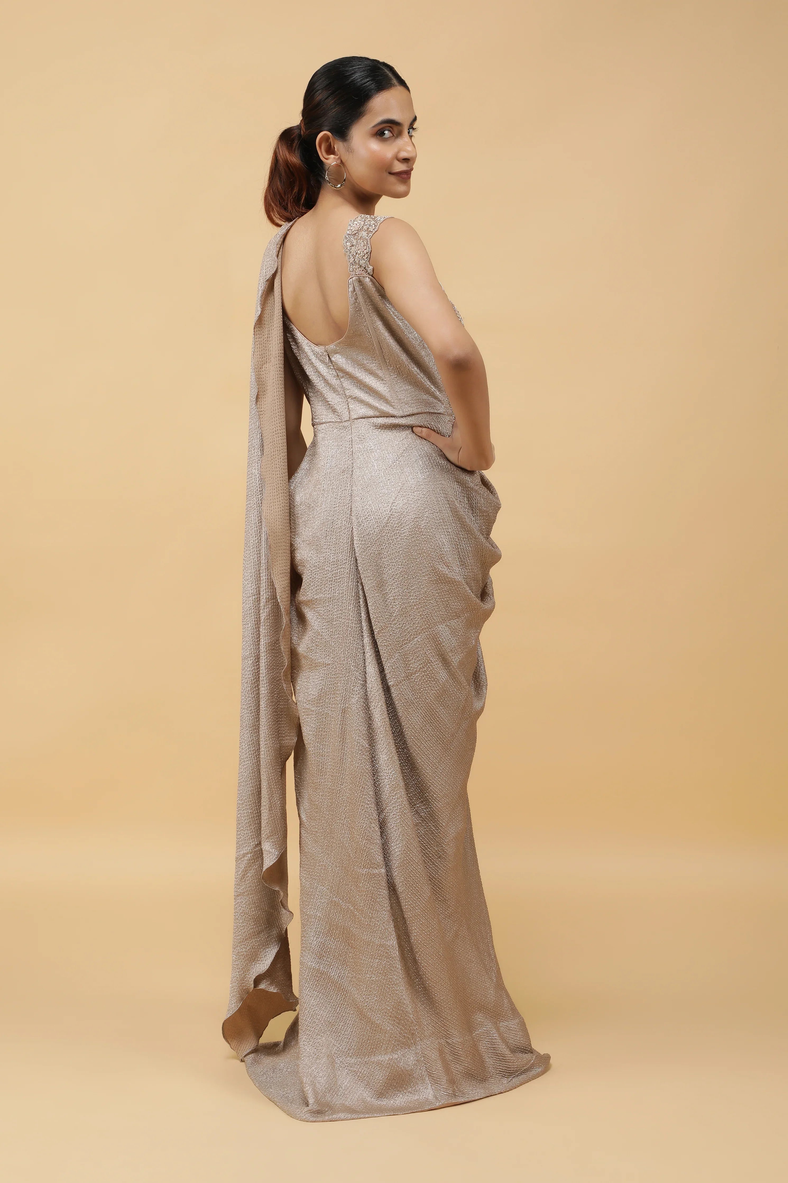 Champagne Radiance Kutdana Embroidered Crushed Draped Gown - Mokshaa