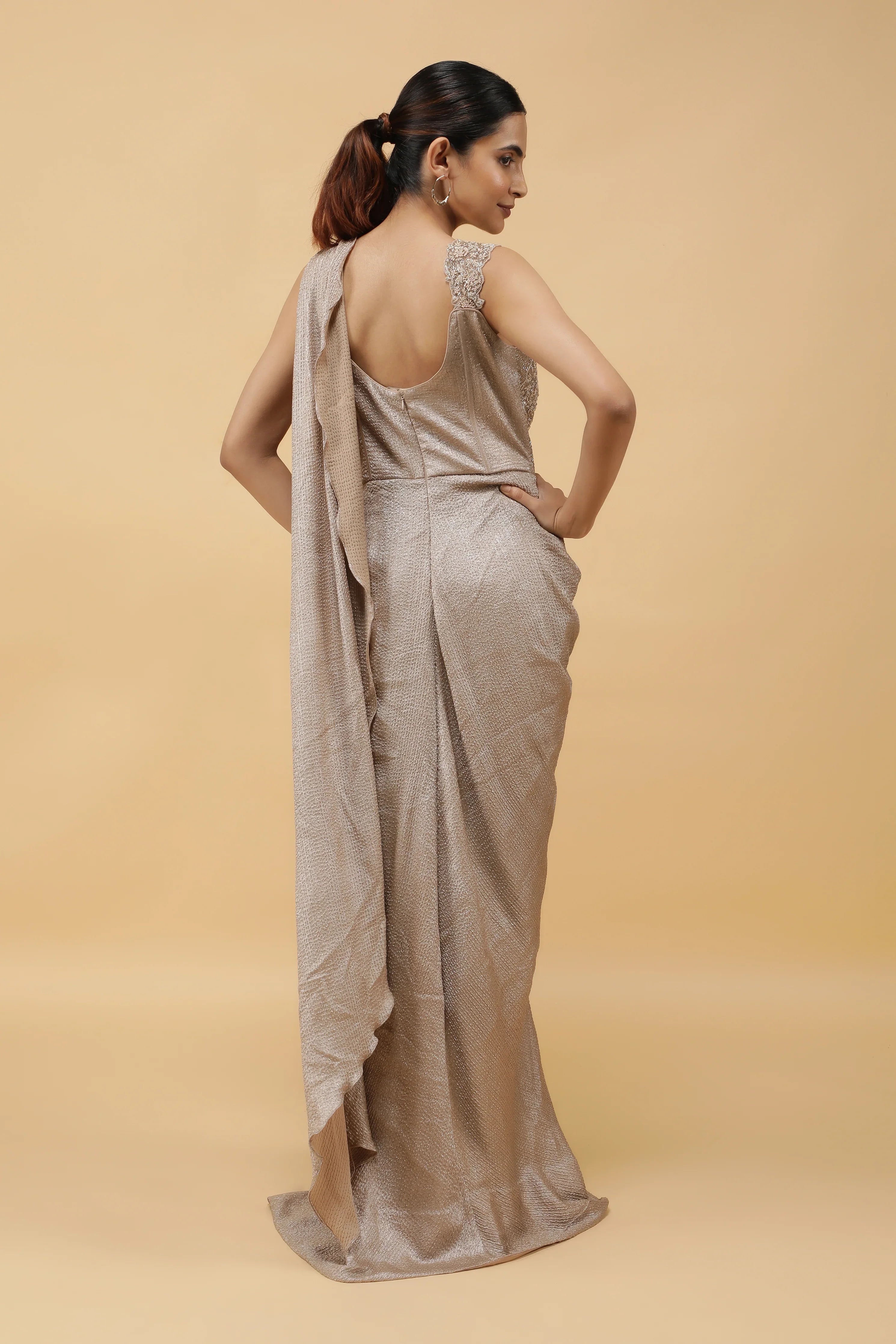 Champagne Radiance Kutdana Embroidered Crushed Draped Gown - Mokshaa