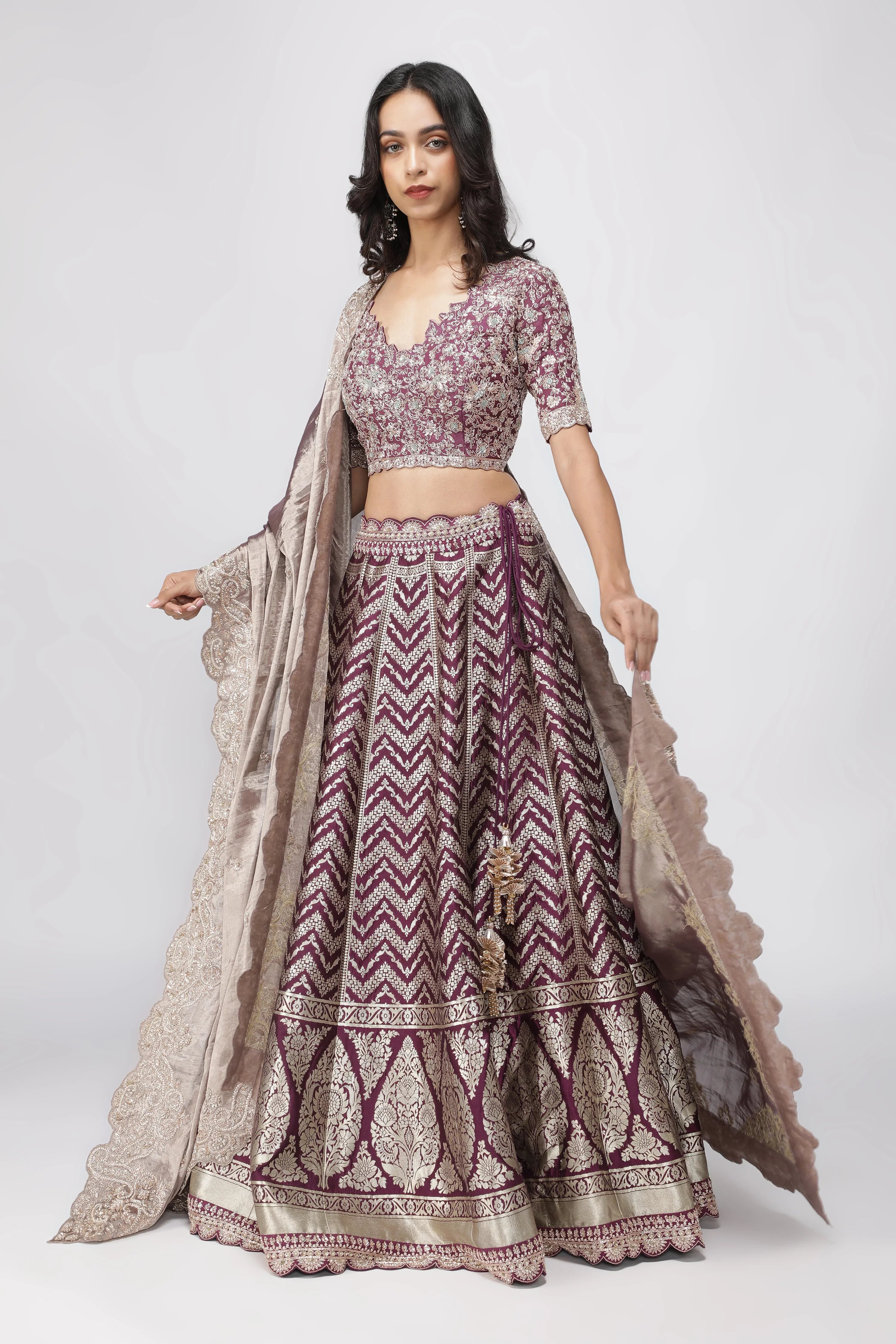 Violet Benarasi Silk Lehenga with Zardozi & French Knot Embroidery - Mokshaa
