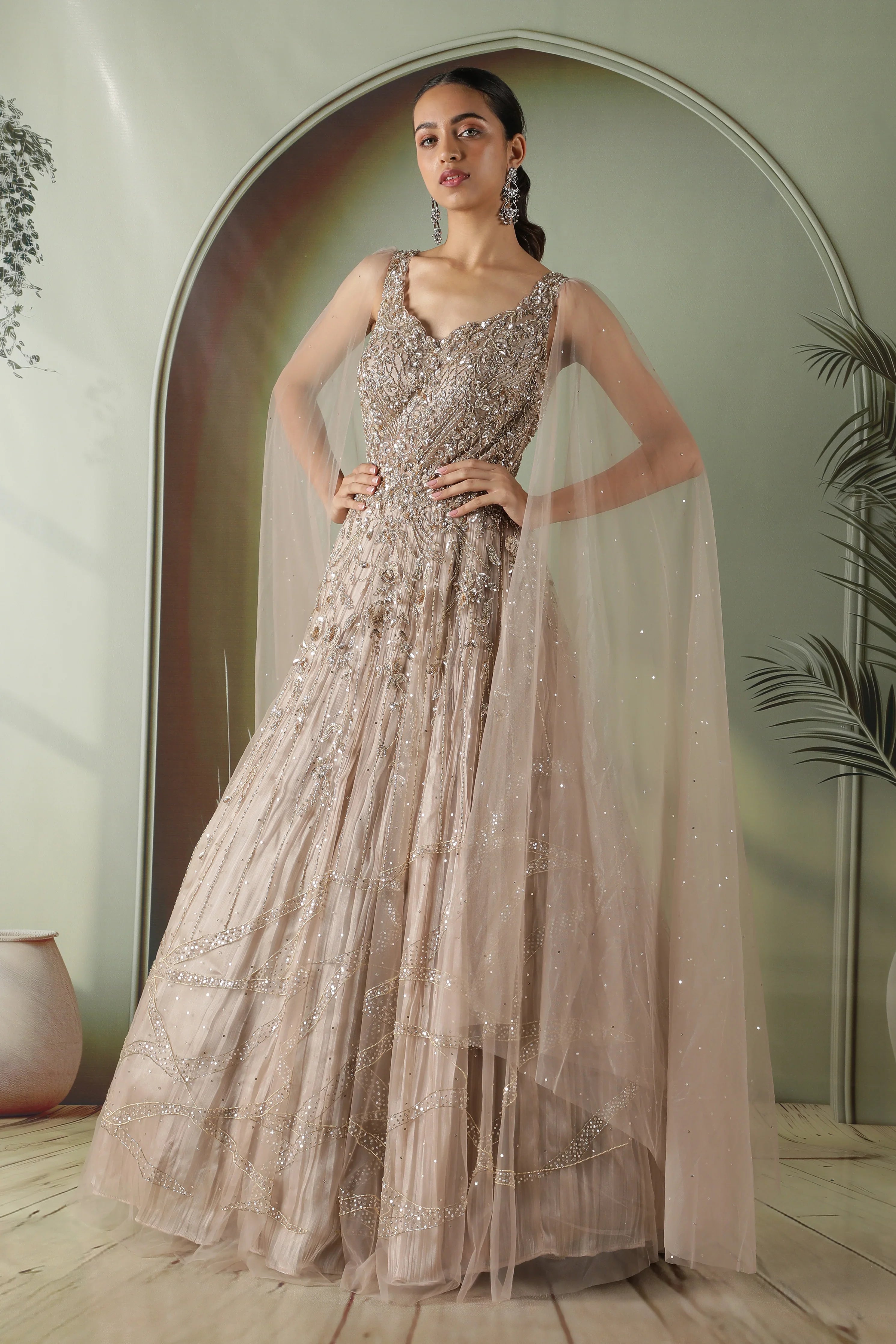 Dark Gold Net Gown - Mokshaa