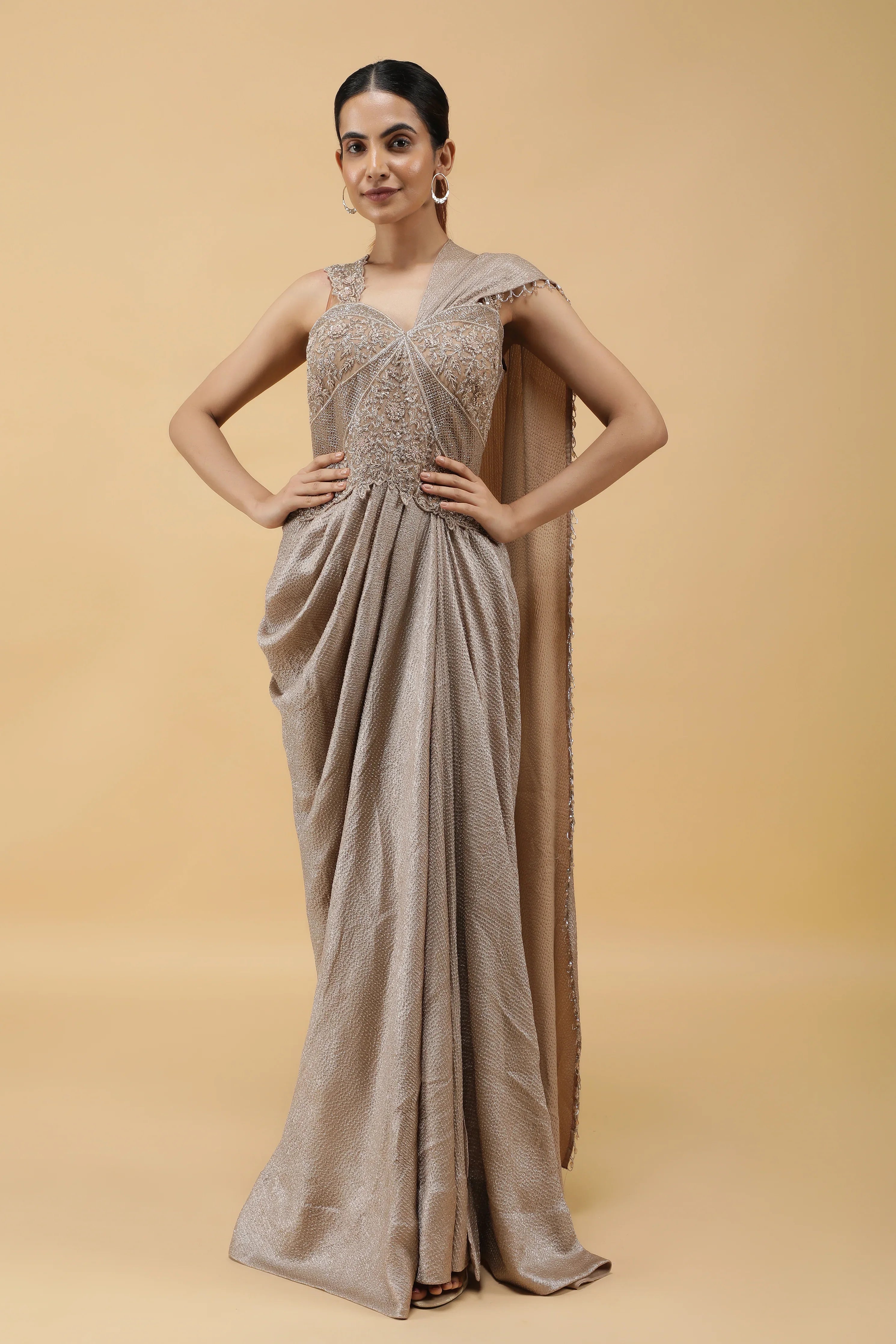 Champagne Radiance Kutdana Embroidered Crushed Draped Gown - Mokshaa