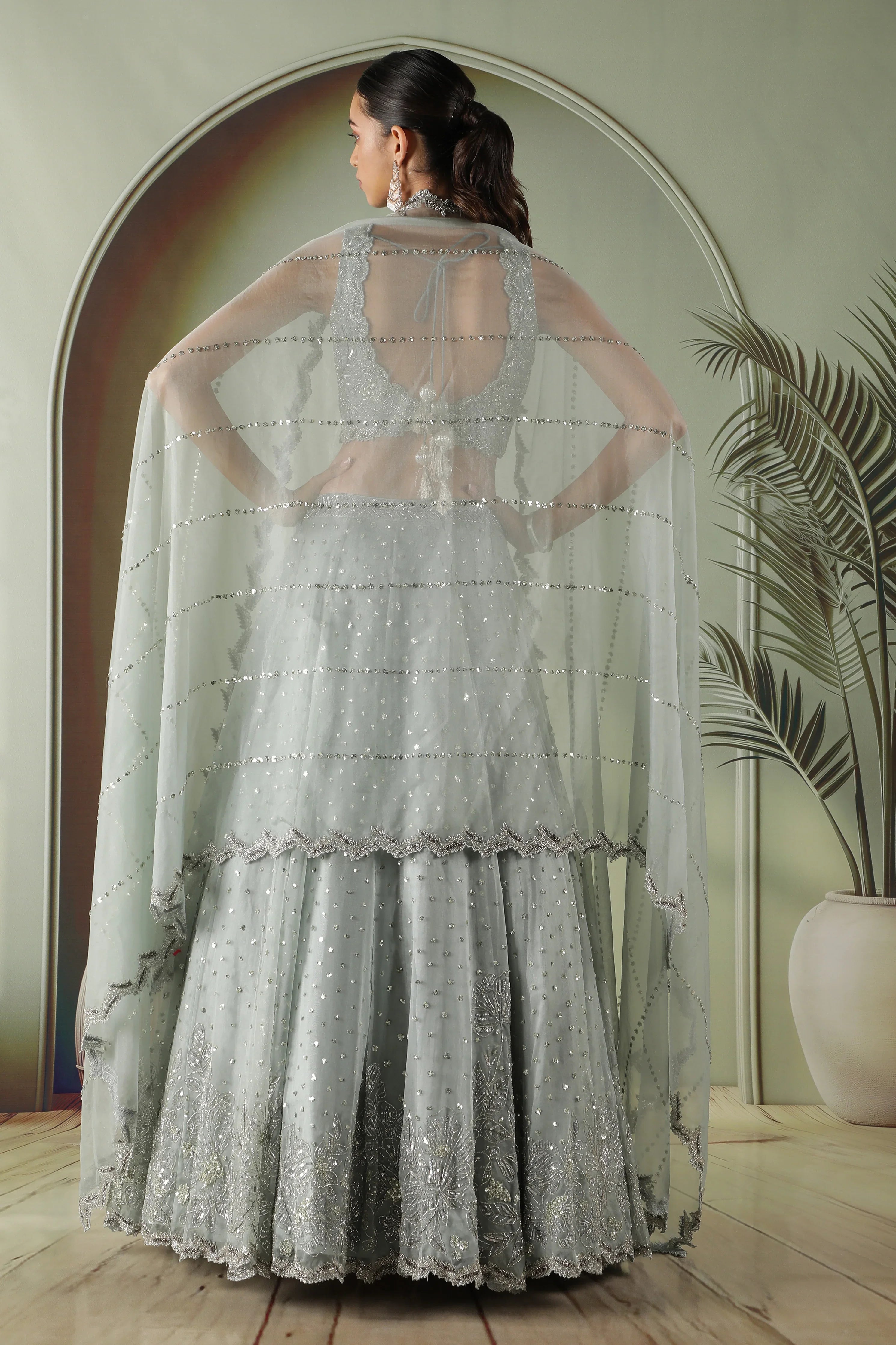 Ice Blue Organza Lehenga Set - Mokshaa