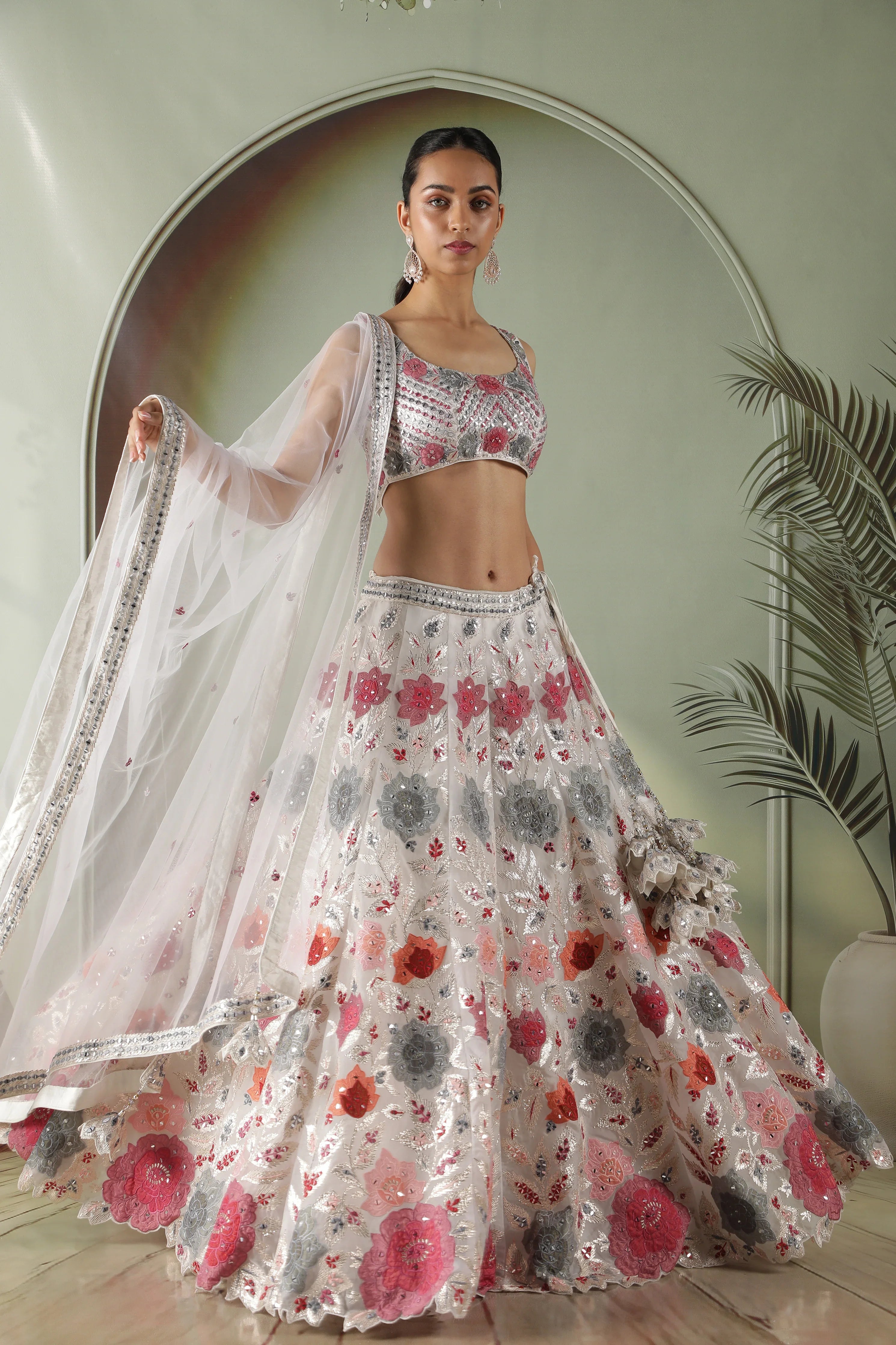 Ivory Organza Multicolor Appliqu茅Embroidered Lehenga Set - Mokshaa