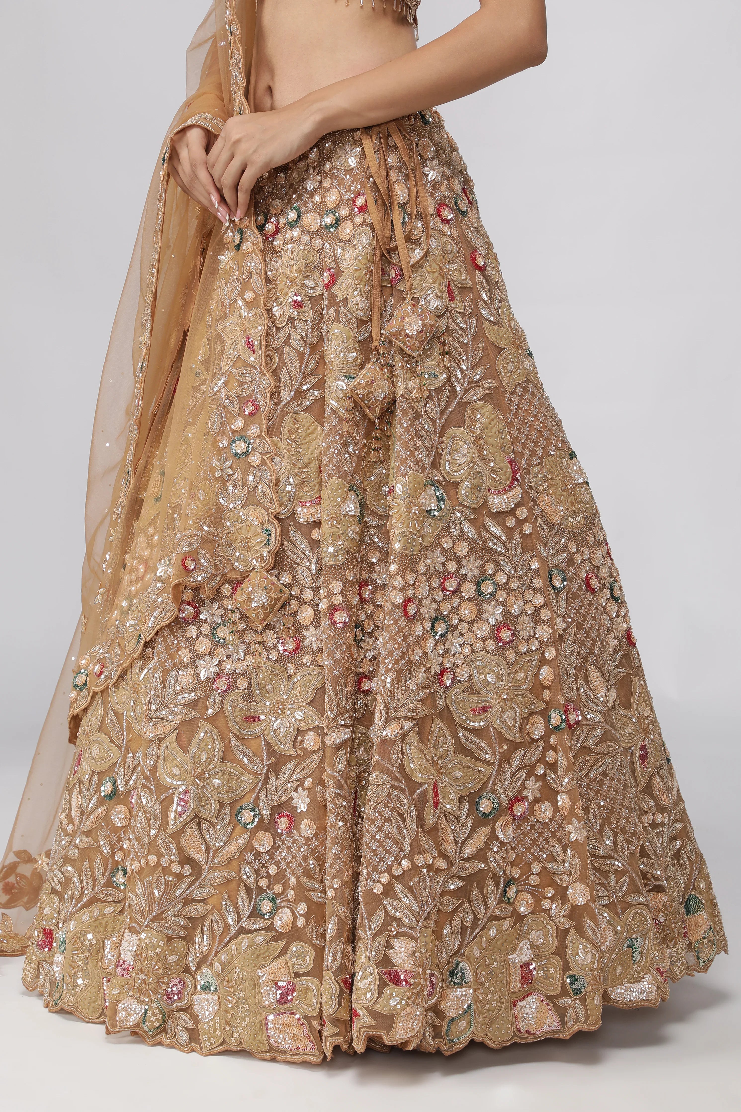 Golden Beige Net Lehenga Set - Mokshaa