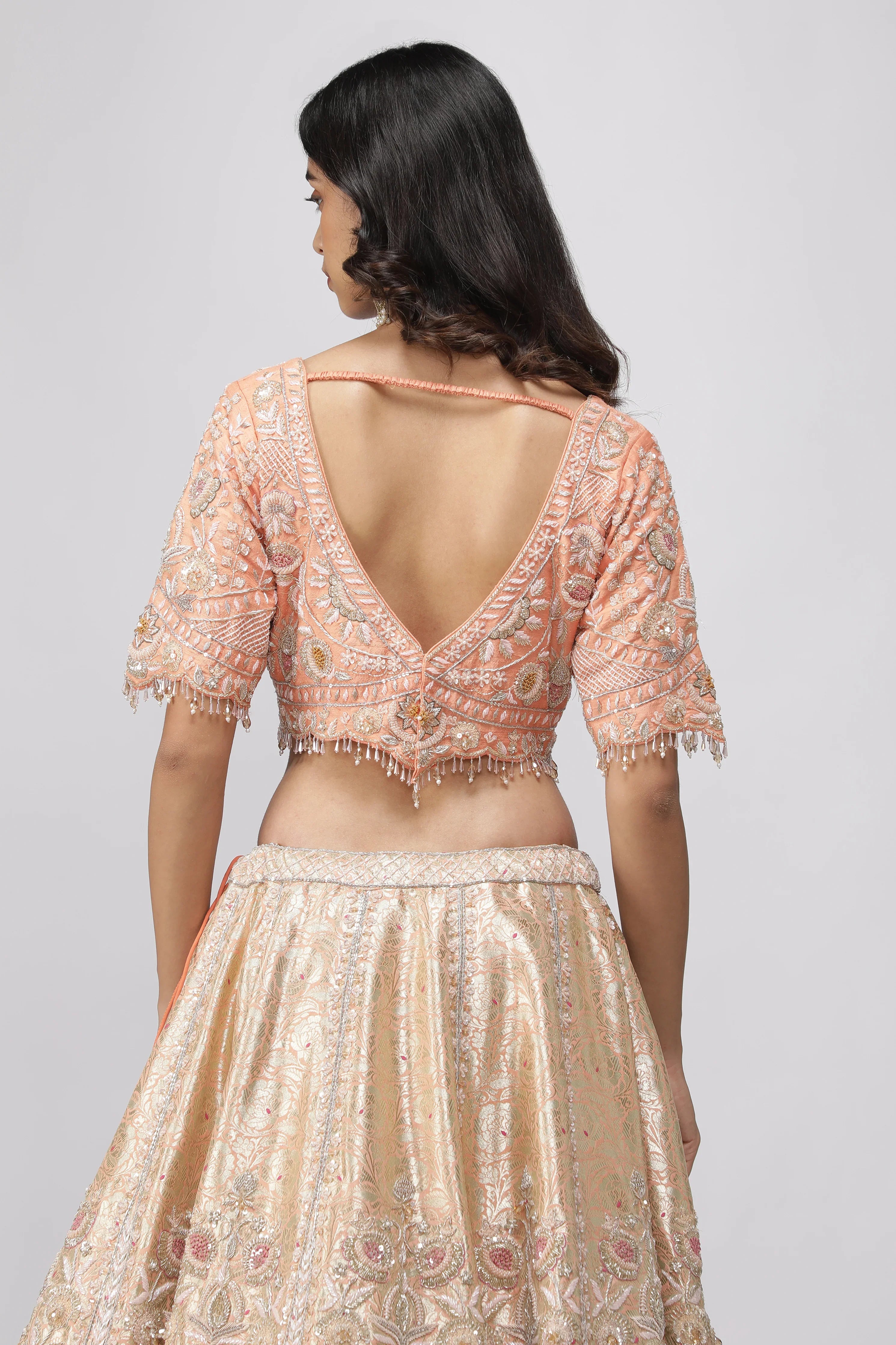Peach Banarasi Silk Lehenga Set - Mokshaa