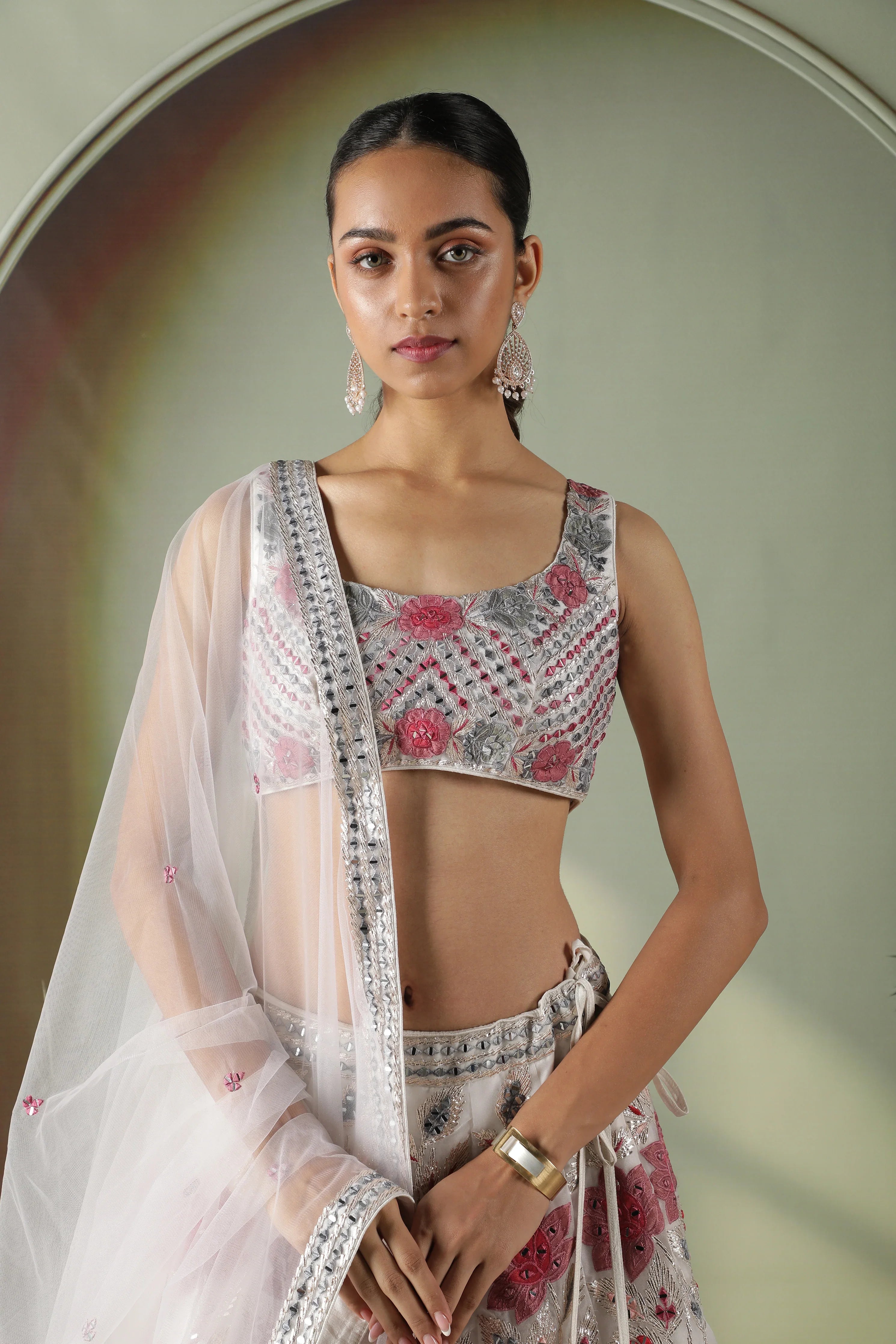 Ivory Organza Multicolor Appliqu茅Embroidered Lehenga Set - Mokshaa