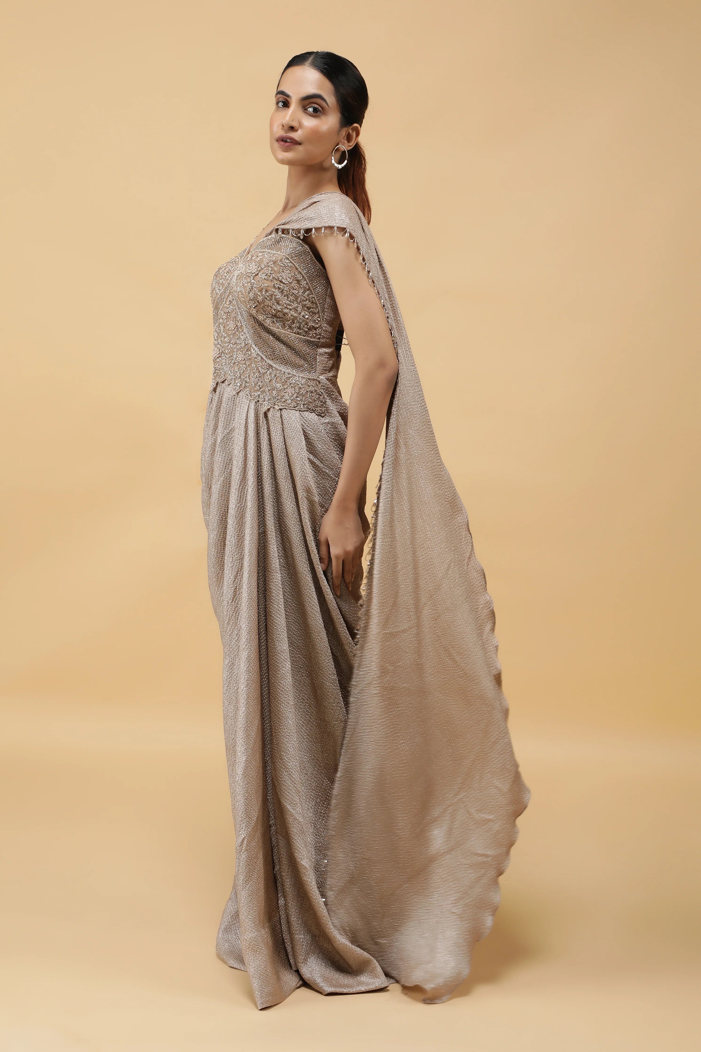 Champagne Radiance Kutdana Embroidered Crushed Draped Gown - Mokshaa