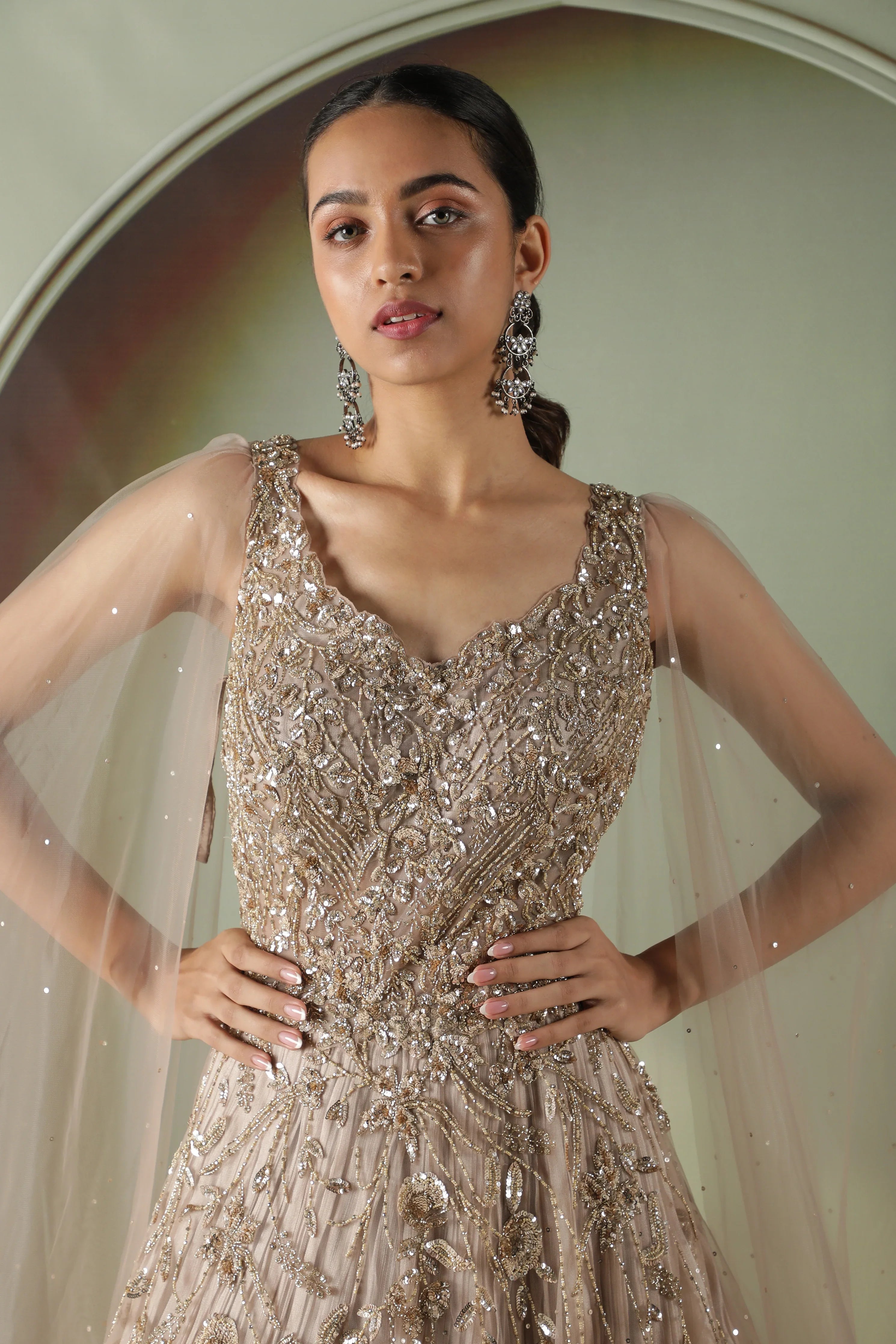 Dark Gold Net Gown - Mokshaa