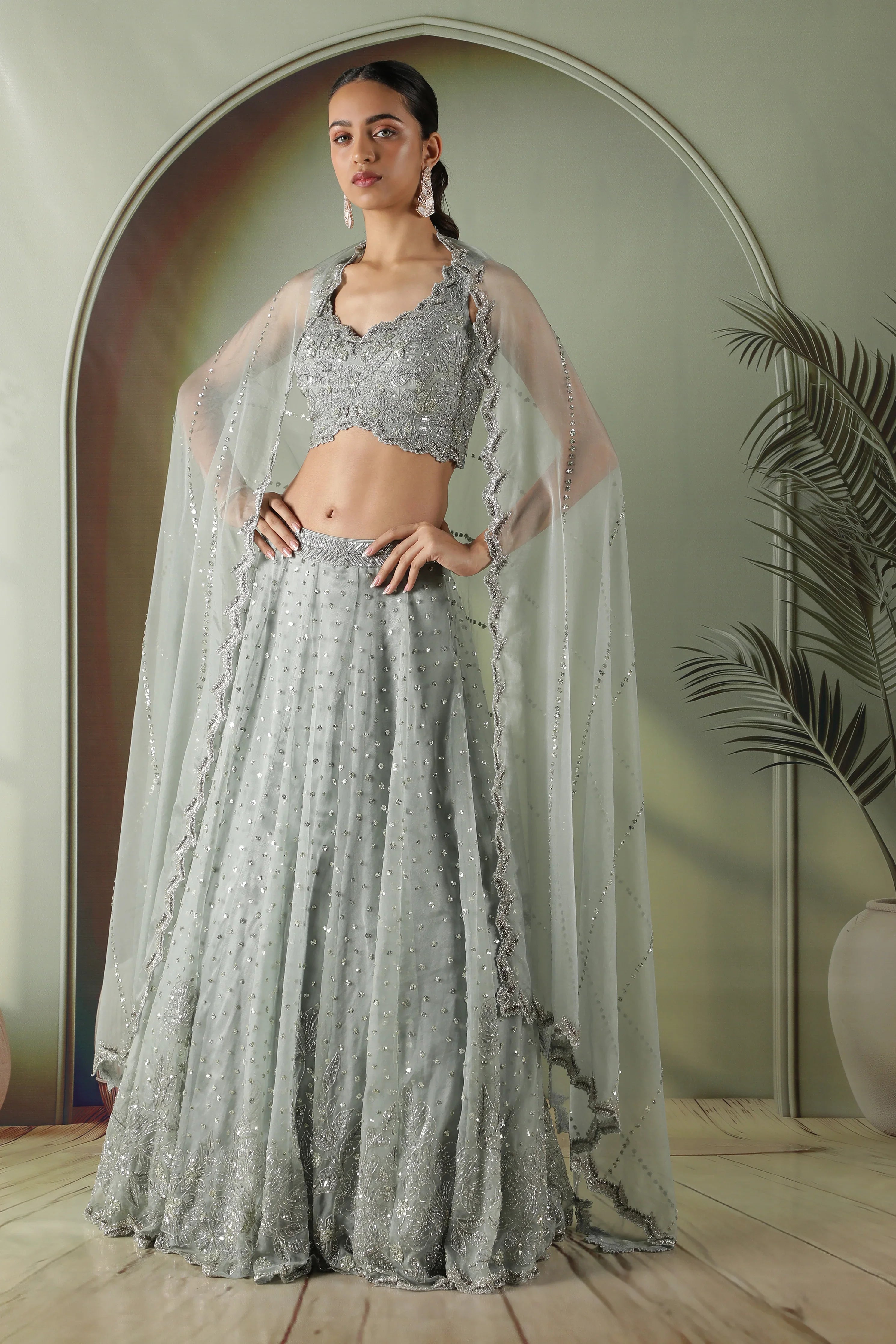 Ice Blue Organza Lehenga Set - Mokshaa