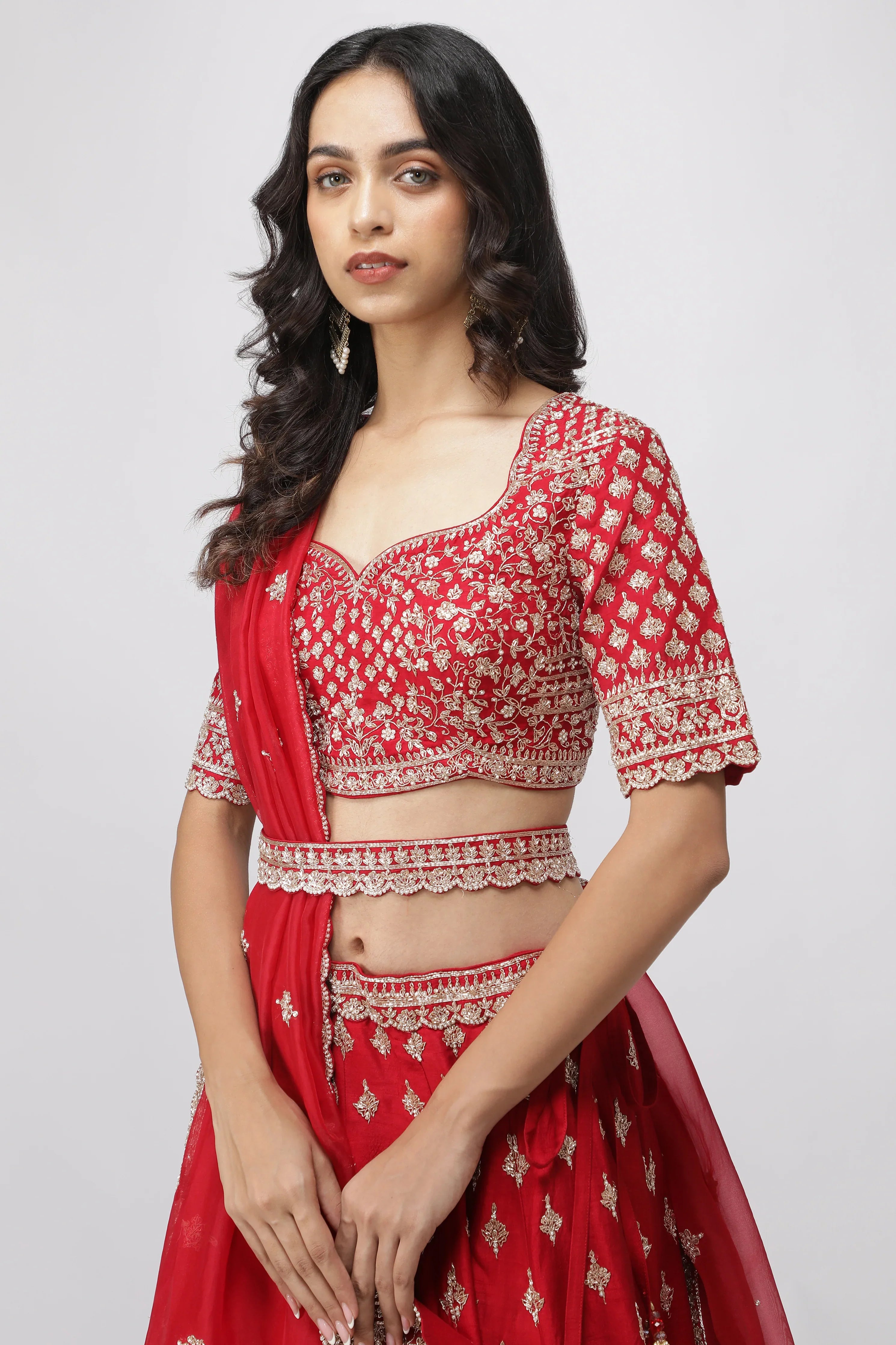 Opulent Red Raw Silk Bridal Lehenga Set - Mokshaa